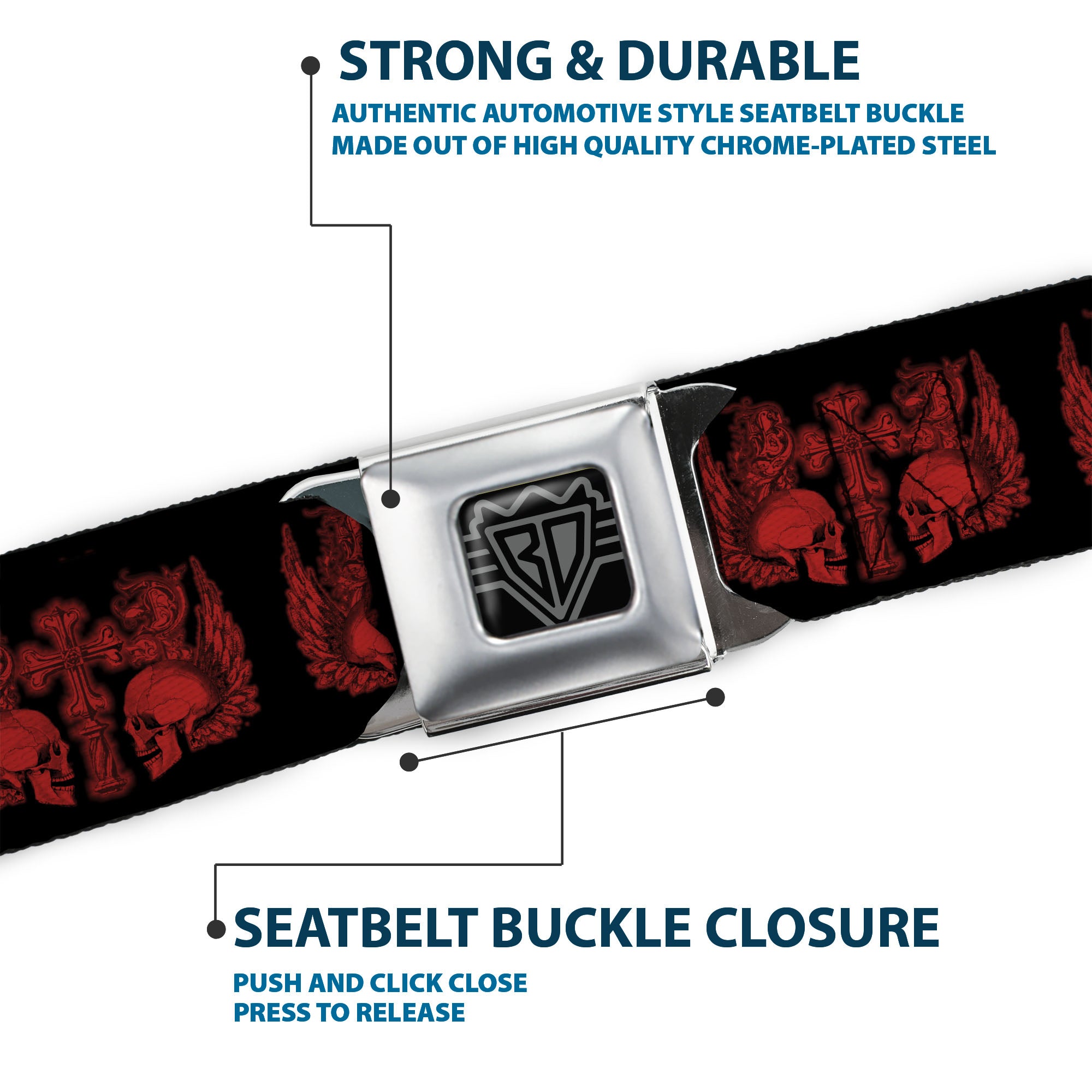 BD Wings Logo CLOSE-UP Full Color Black Silver Seatbelt Belt - BD Skulls w/Wings Black/Red Webbing Seatbelt Belts Buckle-Down