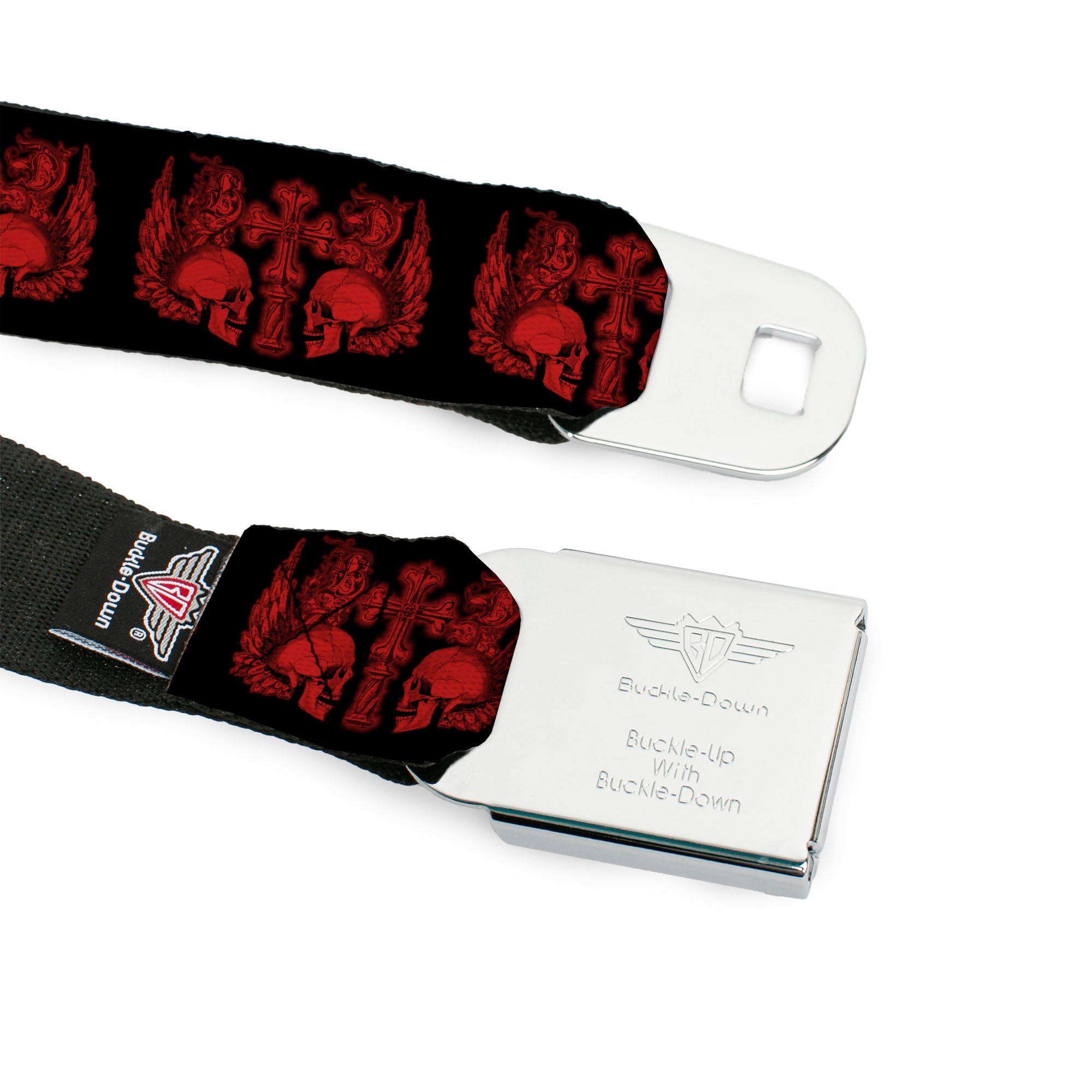 BD Wings Logo CLOSE-UP Full Color Black Silver Seatbelt Belt - BD Skulls w/Wings Black/Red Webbing Seatbelt Belts Buckle-Down