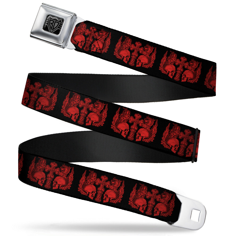 BD Wings Logo CLOSE-UP Full Color Black Silver Seatbelt Belt - BD Skulls w/Wings Black/Red Webbing Seatbelt Belts Buckle-Down