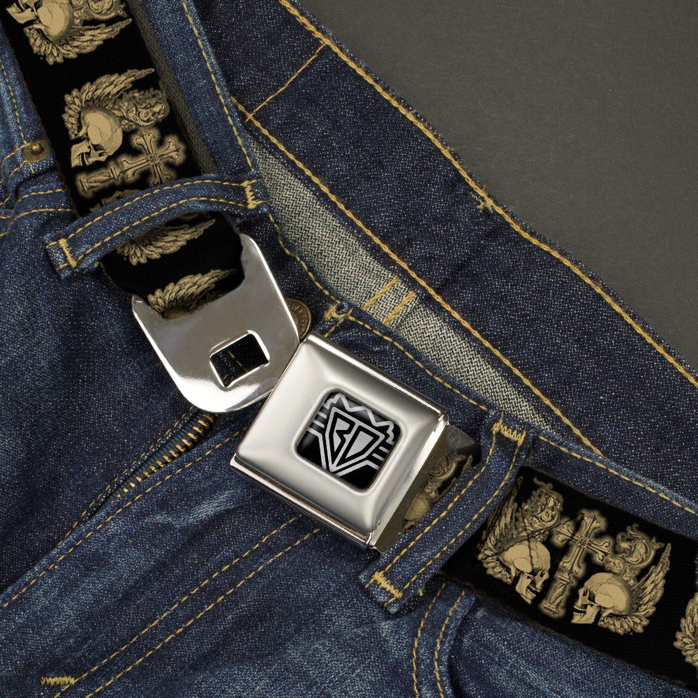 BD Wings Logo CLOSE-UP Full Color Black Silver Seatbelt Belt - BD Skulls w/Wings Black/Tan Webbing Seatbelt Belts Buckle-Down