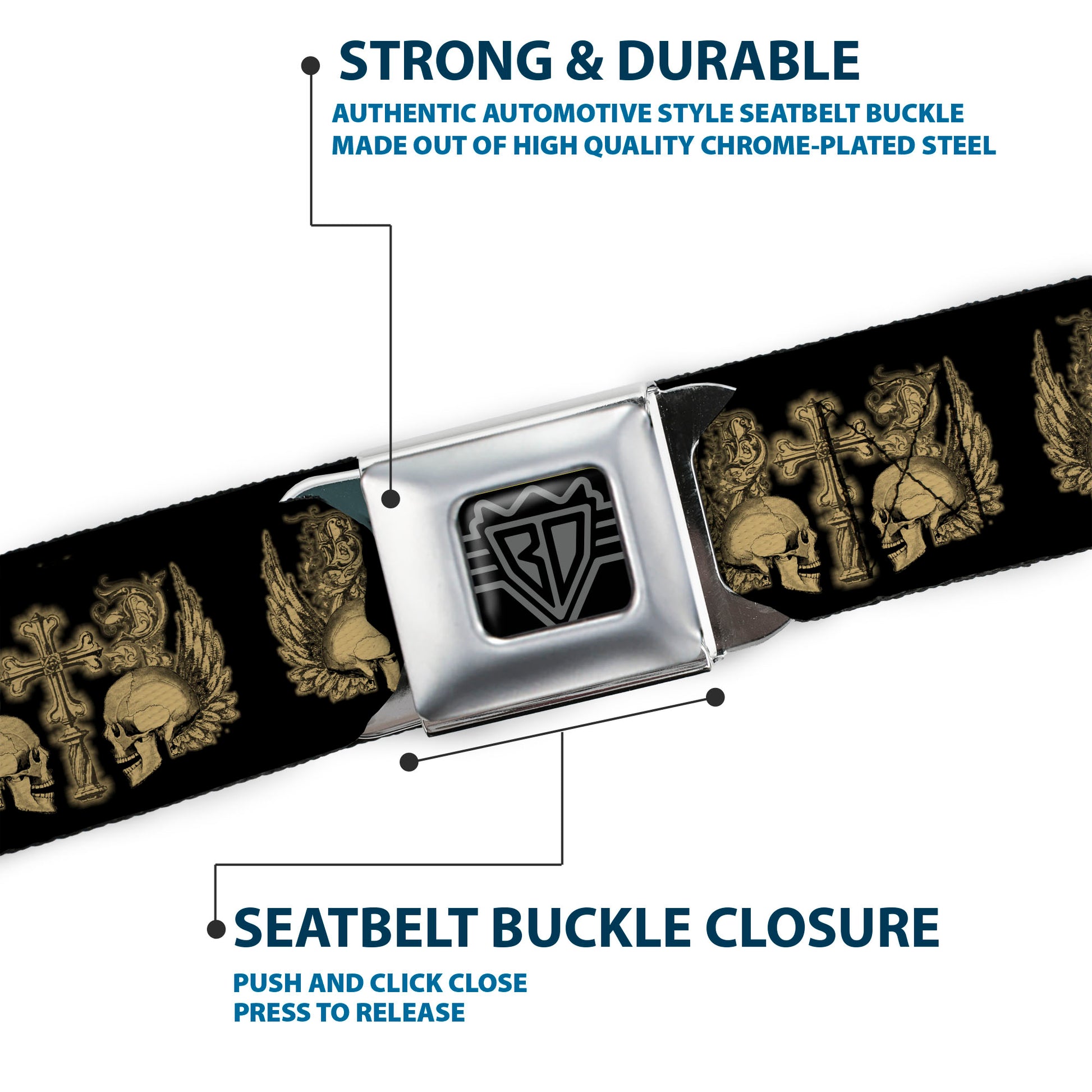 BD Wings Logo CLOSE-UP Full Color Black Silver Seatbelt Belt - BD Skulls w/Wings Black/Tan Webbing Seatbelt Belts Buckle-Down