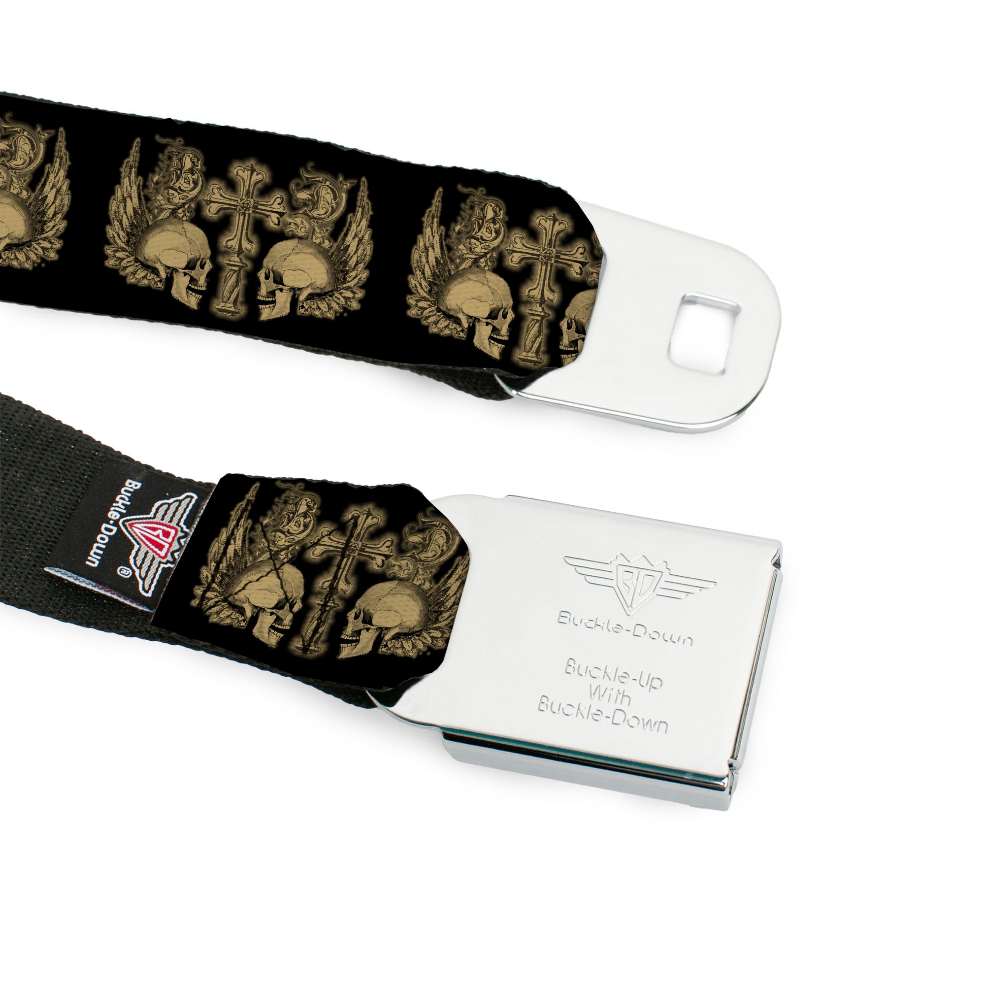 BD Wings Logo CLOSE-UP Full Color Black Silver Seatbelt Belt - BD Skulls w/Wings Black/Tan Webbing Seatbelt Belts Buckle-Down