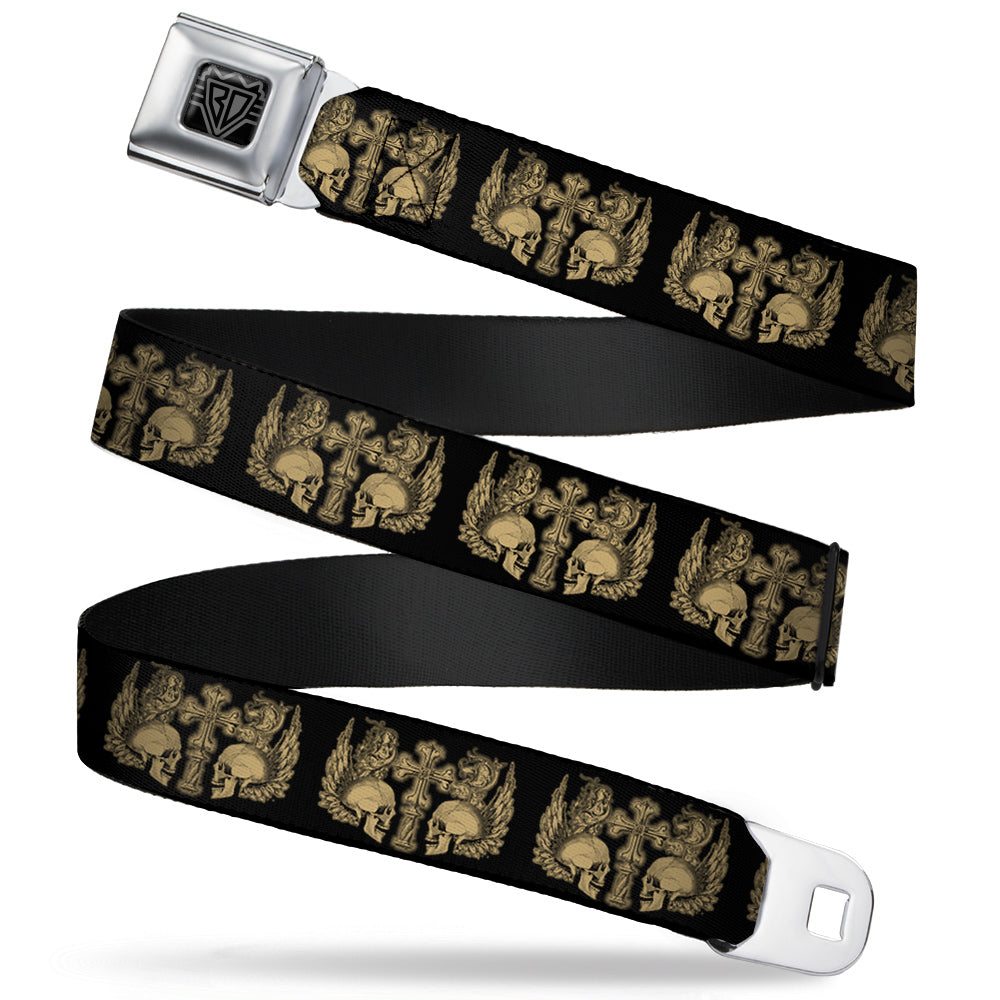 BD Wings Logo CLOSE-UP Full Color Black Silver Seatbelt Belt - BD Skulls w/Wings Black/Tan Webbing Seatbelt Belts Buckle-Down
