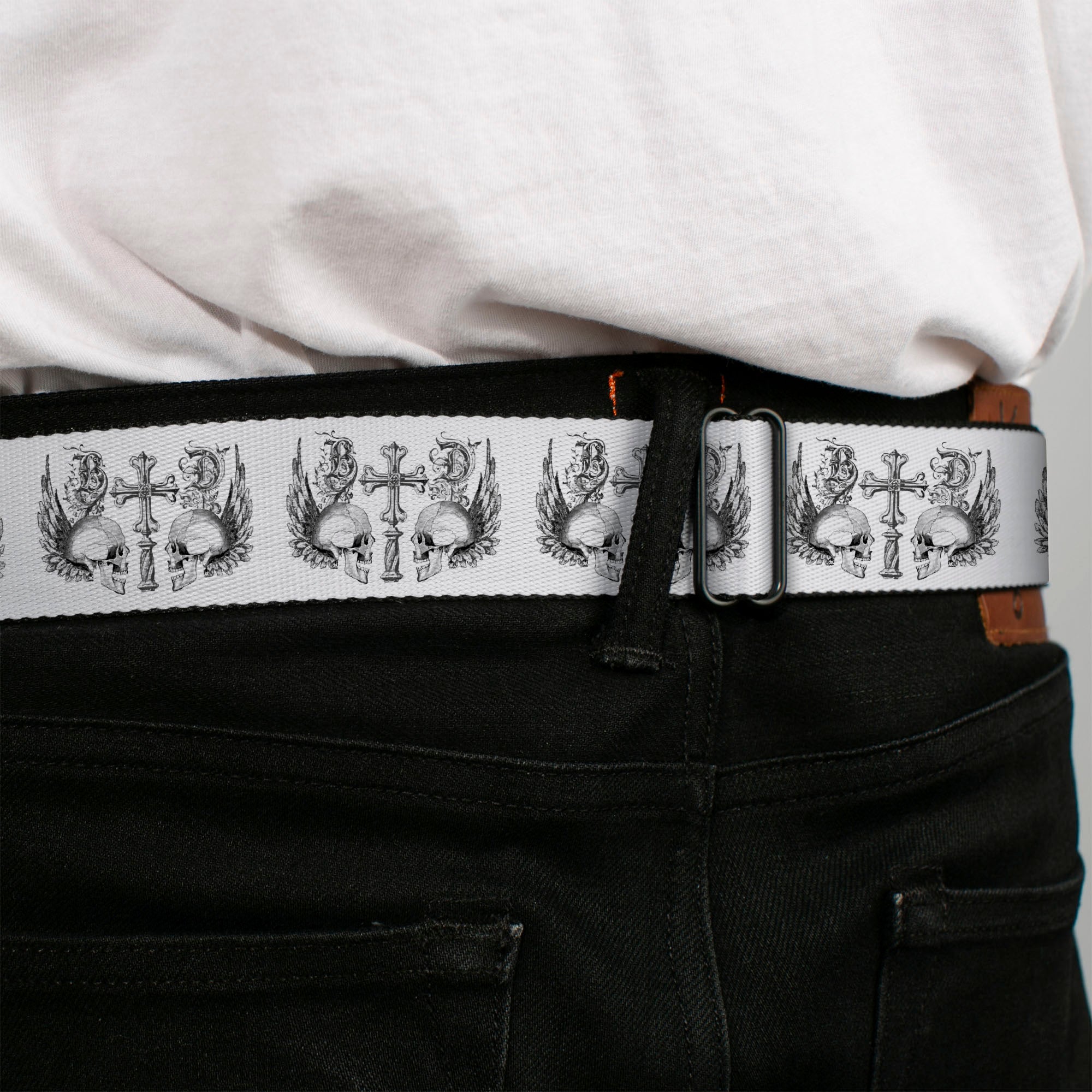 BD Wings Logo CLOSE-UP Full Color Black Silver Seatbelt Belt - BD Skulls w/Wings White/Black Webbing Seatbelt Belts Buckle-Down