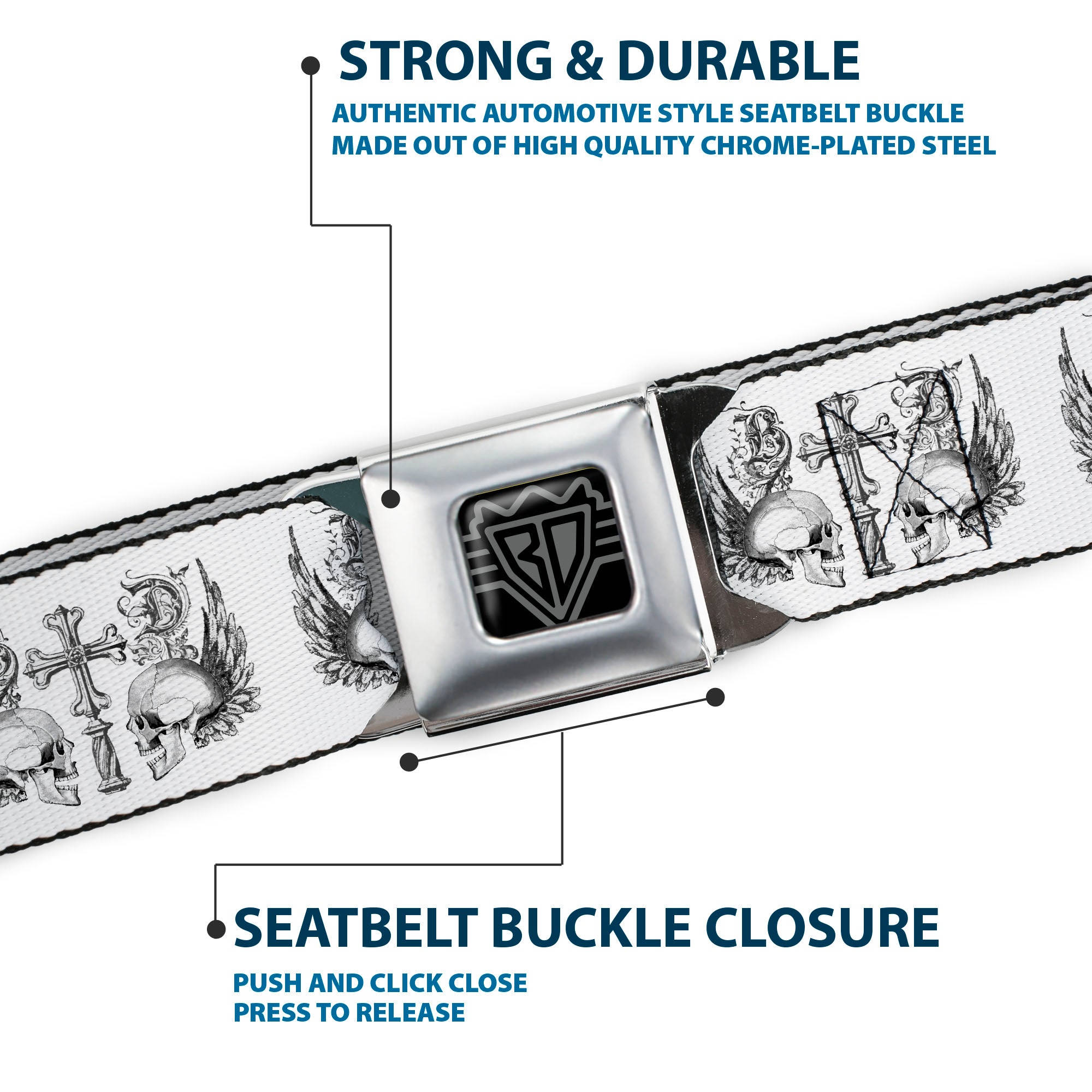 BD Wings Logo CLOSE-UP Full Color Black Silver Seatbelt Belt - BD Skulls w/Wings White/Black Webbing Seatbelt Belts Buckle-Down