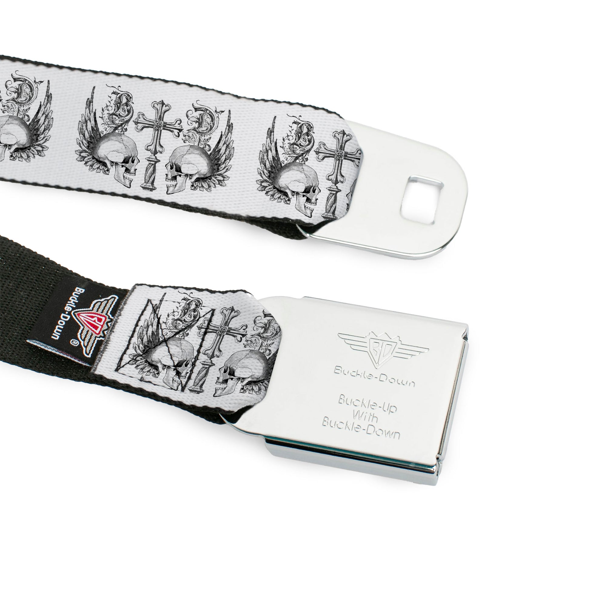 BD Wings Logo CLOSE-UP Full Color Black Silver Seatbelt Belt - BD Skulls w/Wings White/Black Webbing Seatbelt Belts Buckle-Down