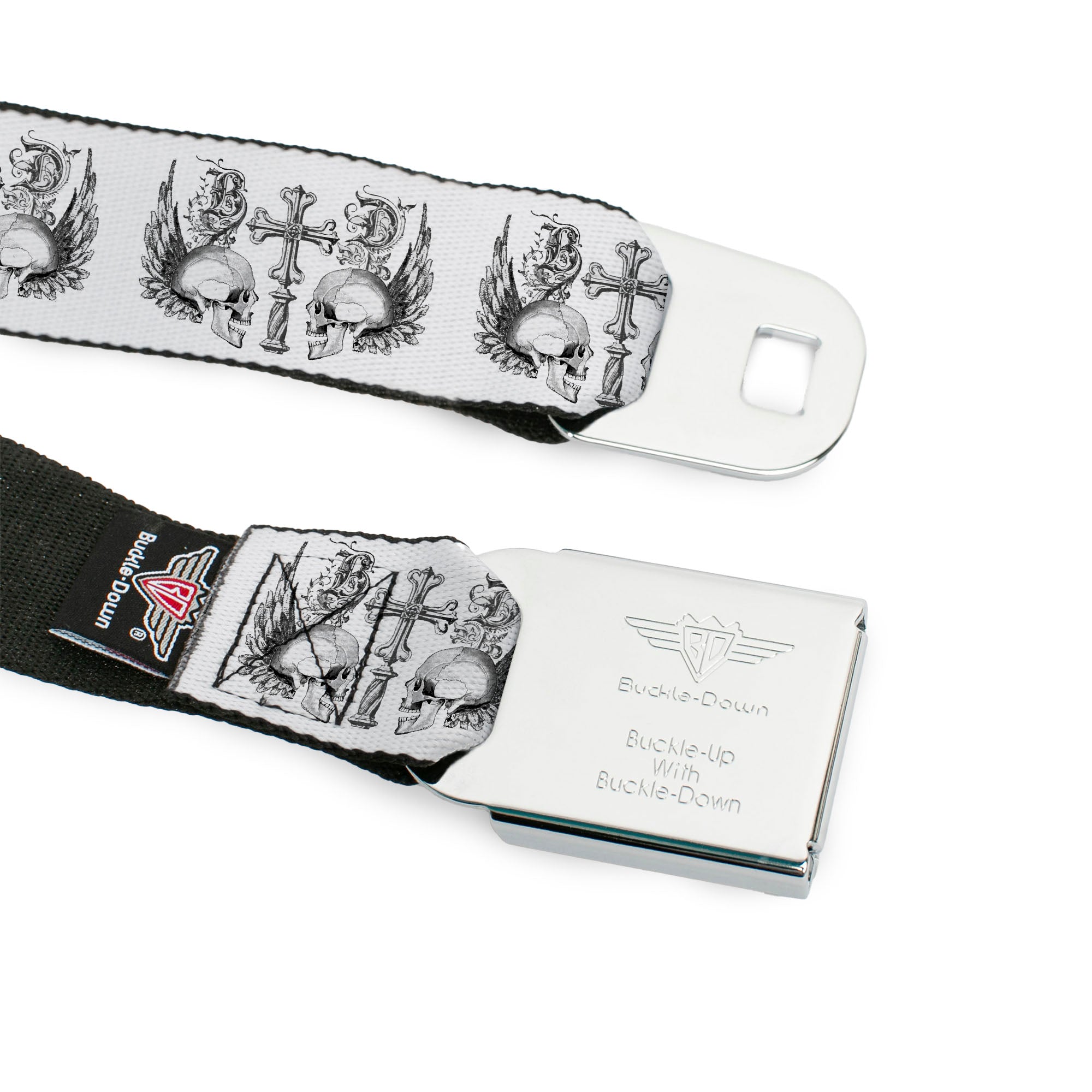 BD Wings Logo CLOSE-UP Full Color Black Silver Seatbelt Belt - BD Skulls w/Wings White/Black Webbing Seatbelt Belts Buckle-Down
