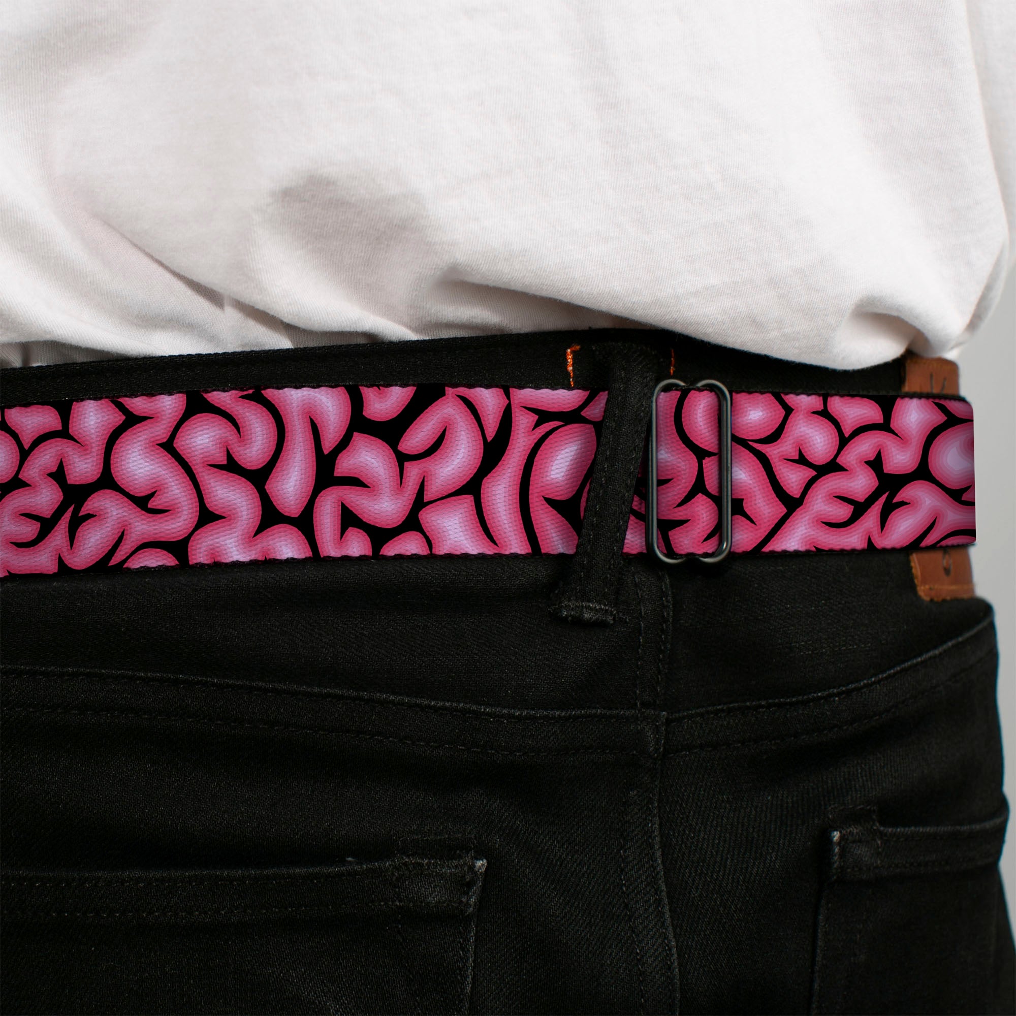 BD Wings Logo CLOSE-UP Full Color Black Silver Seatbelt Belt - Brains Black/Pink Webbing Seatbelt Belts Buckle-Down
