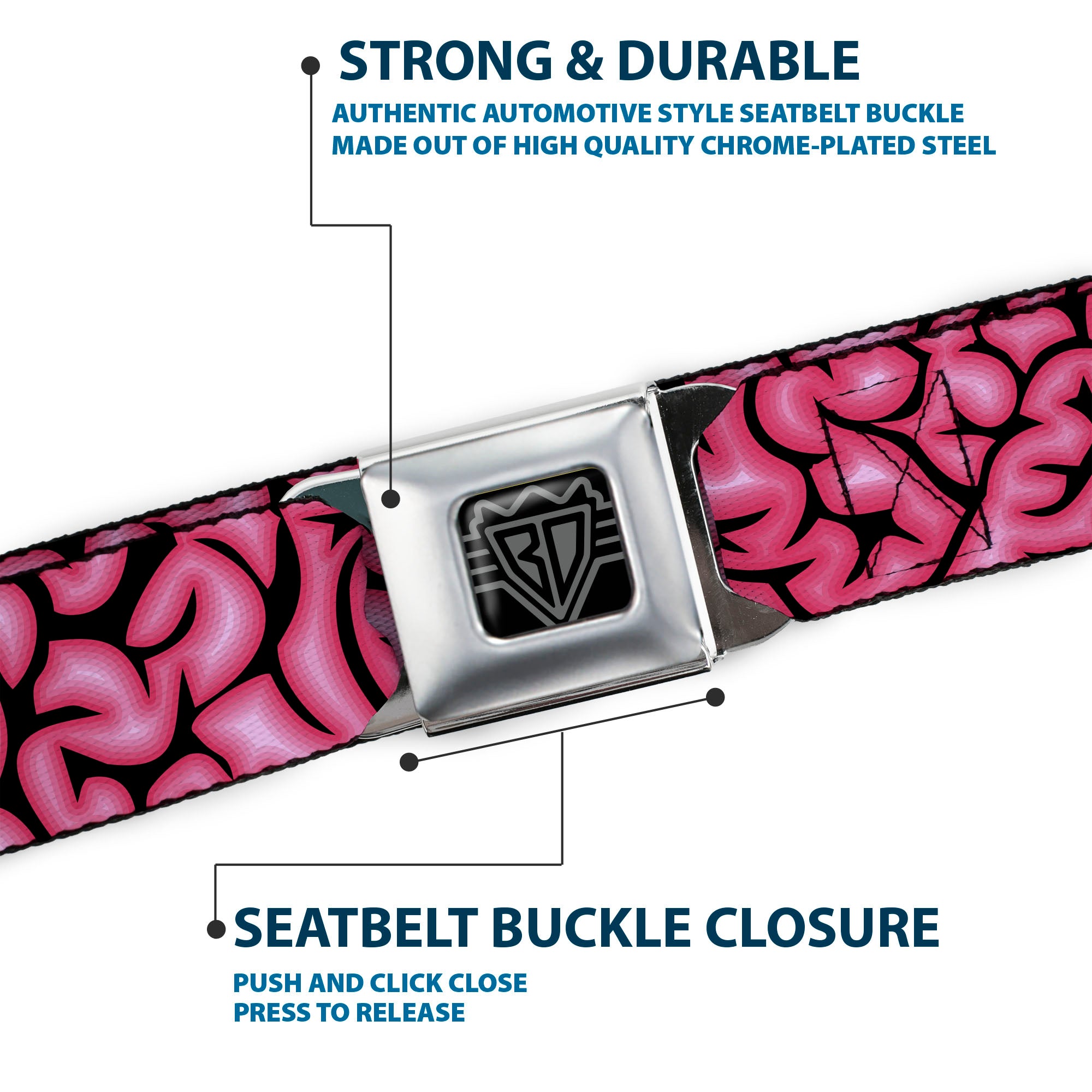 BD Wings Logo CLOSE-UP Full Color Black Silver Seatbelt Belt - Brains Black/Pink Webbing Seatbelt Belts Buckle-Down