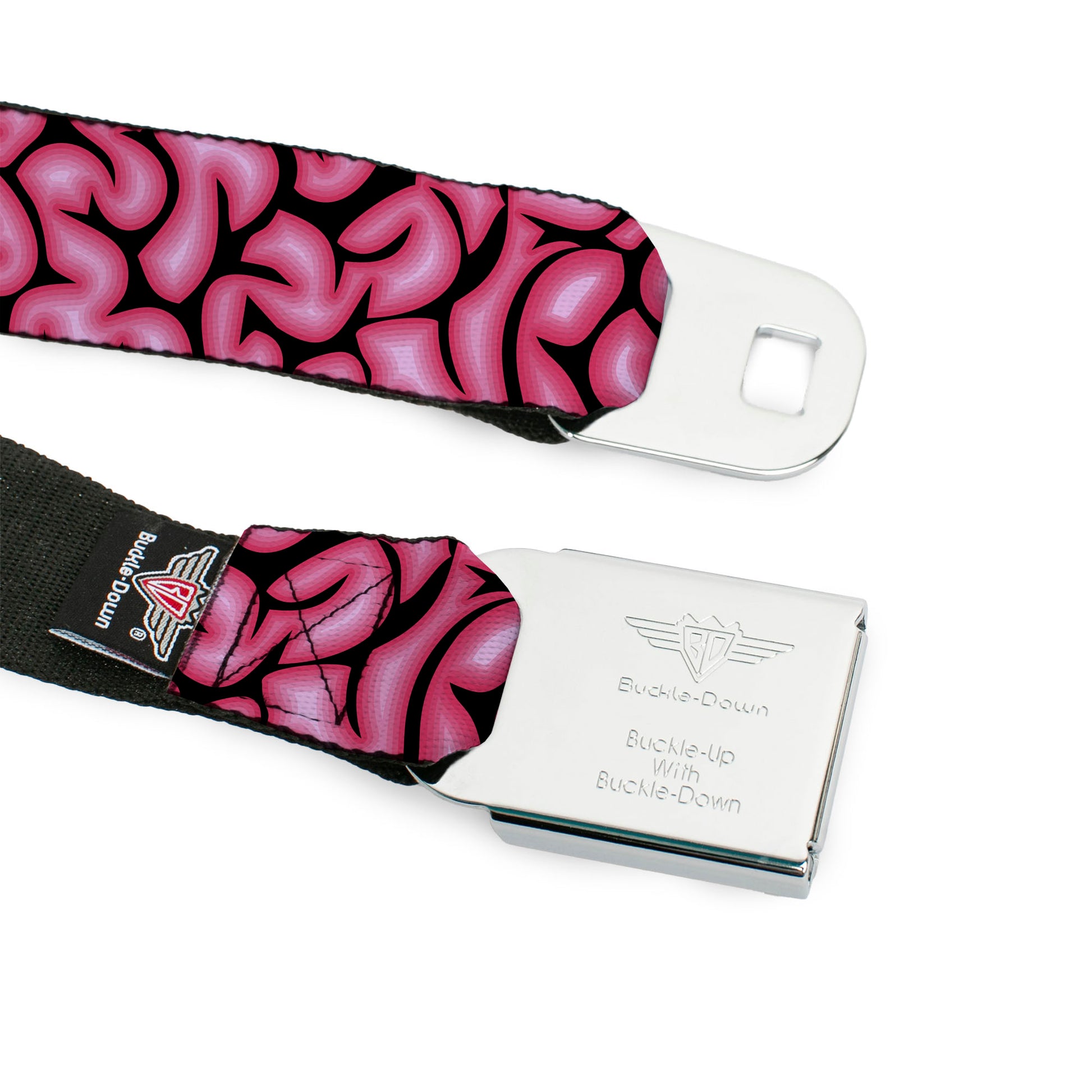BD Wings Logo CLOSE-UP Full Color Black Silver Seatbelt Belt - Brains Black/Pink Webbing Seatbelt Belts Buckle-Down
