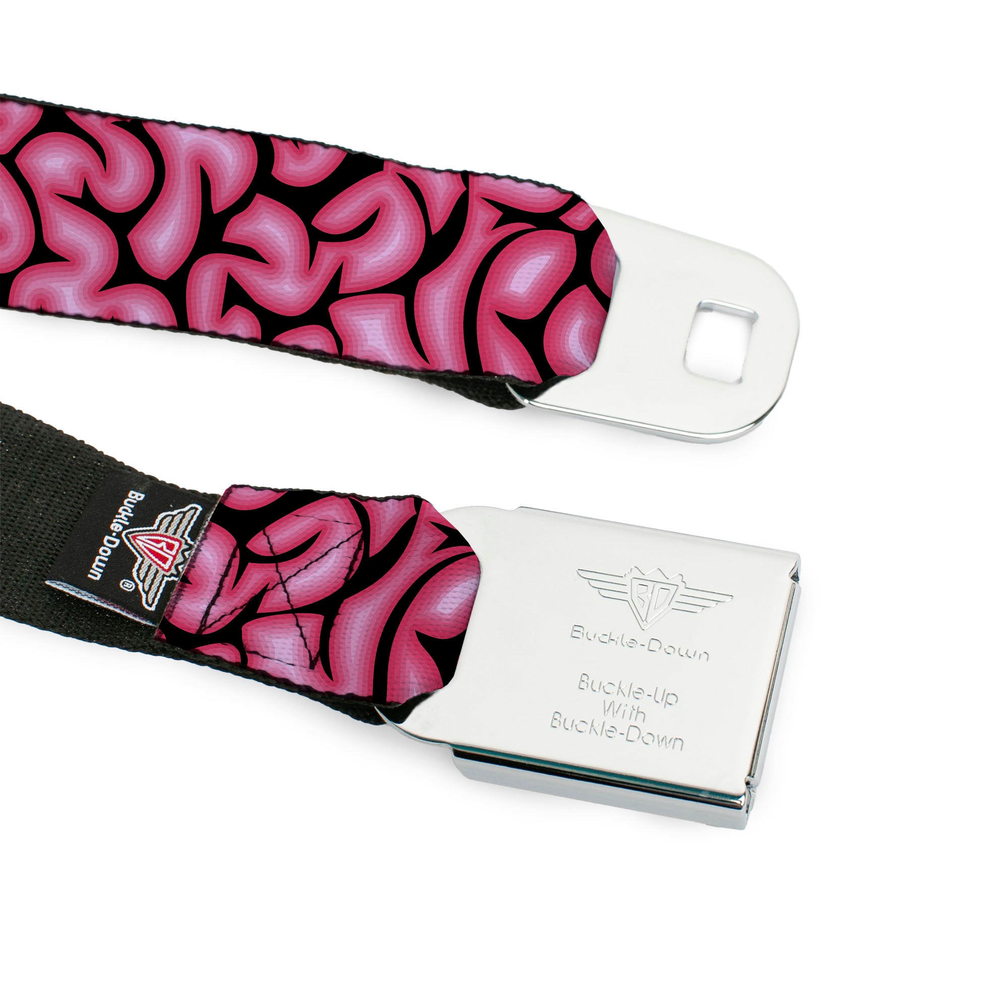 BD Wings Logo CLOSE-UP Full Color Black Silver Seatbelt Belt - Brains Black/Pink Webbing Seatbelt Belts Buckle-Down