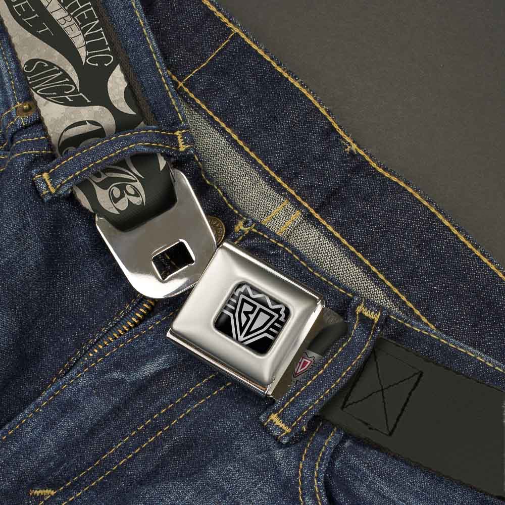 BD Wings Logo CLOSE-UP Full Color Black Silver Seatbelt Belt - BD AUTHENTIC SEATBELT BELT SINCE 1993 Flames Olive/Tan Webbing Seatbelt Belts Buckle-Down