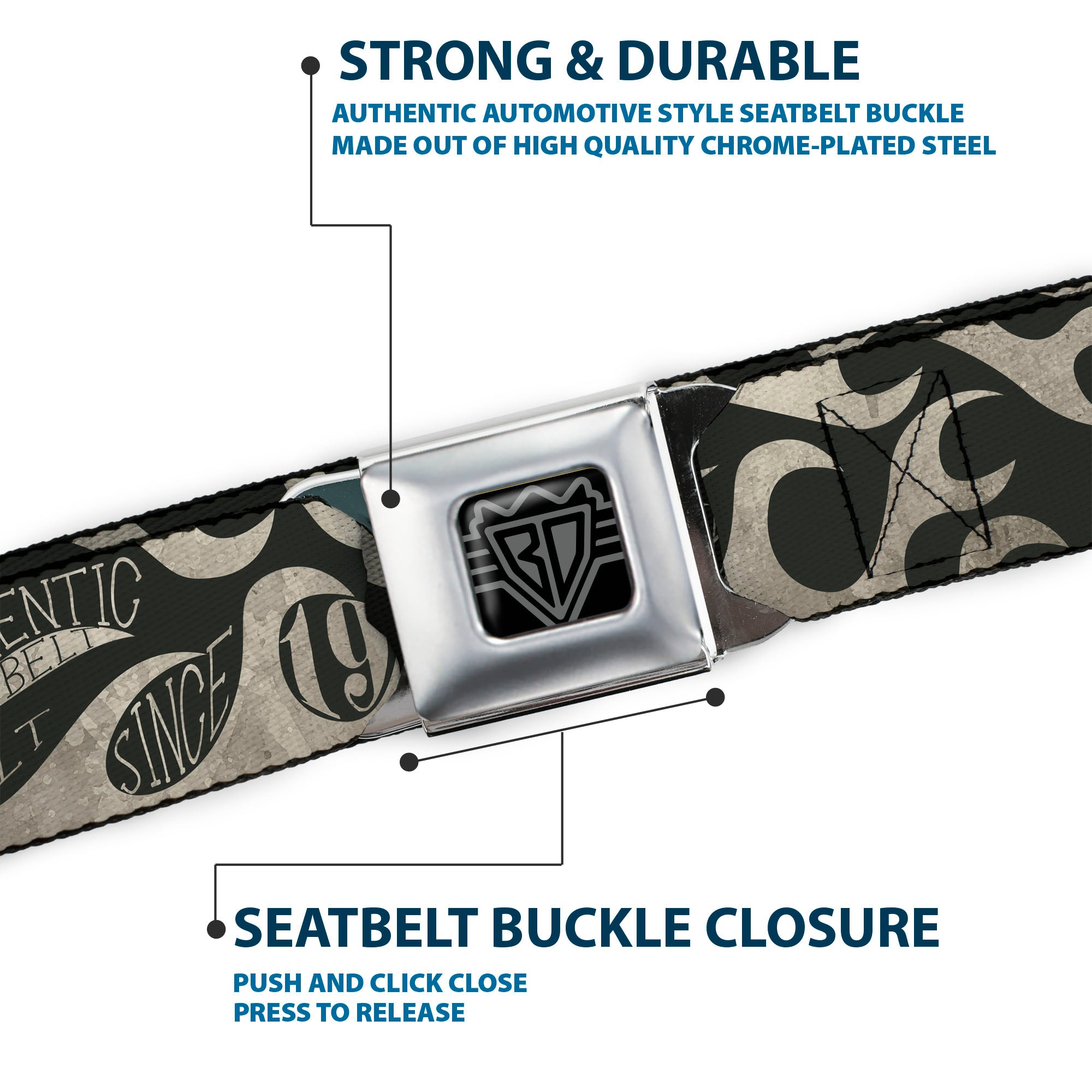 BD Wings Logo CLOSE-UP Full Color Black Silver Seatbelt Belt - BD AUTHENTIC SEATBELT BELT SINCE 1993 Flames Olive/Tan Webbing Seatbelt Belts Buckle-Down