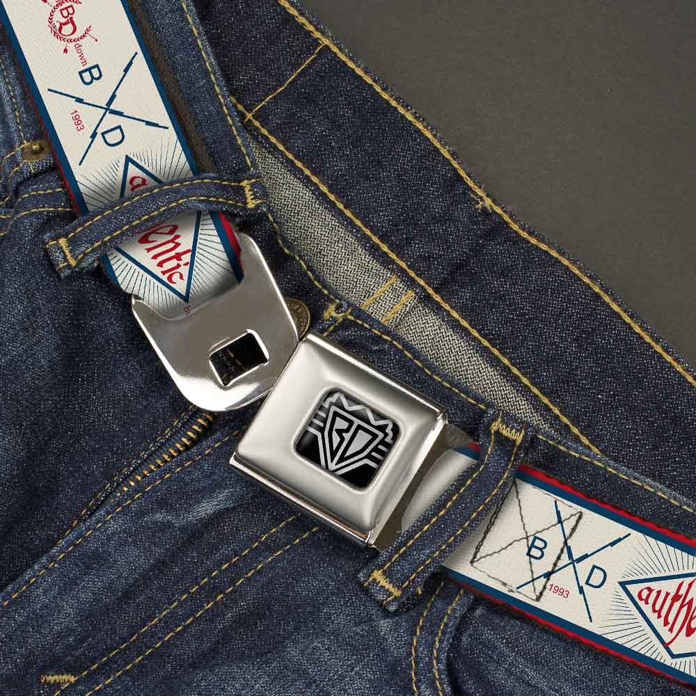 BD Wings Logo CLOSE-UP Full Color Black Silver Seatbelt Belt - BD AUTHENTIC SEATBELT BELT White/Blue/Red Webbing Seatbelt Belts Buckle-Down