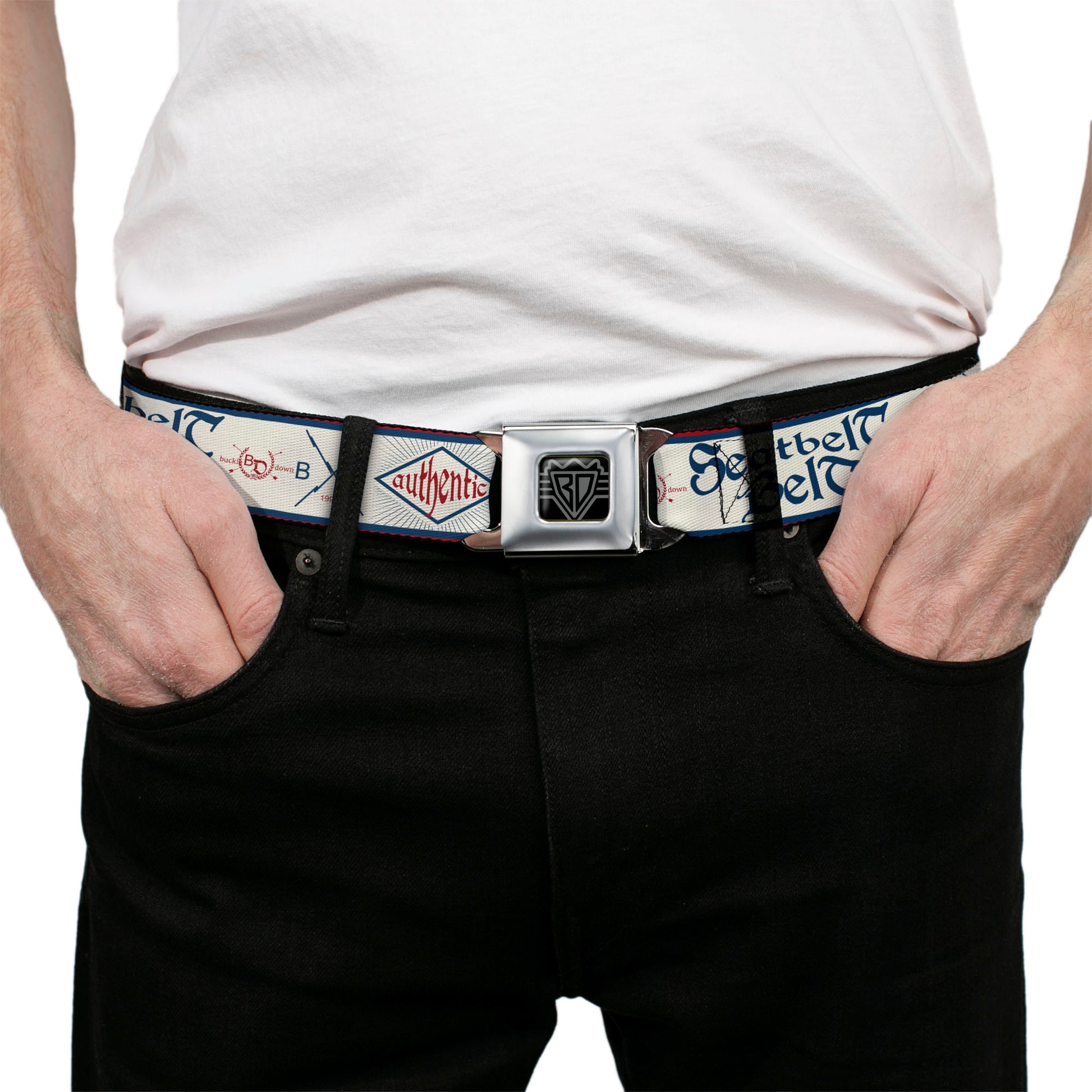 BD Wings Logo CLOSE-UP Full Color Black Silver Seatbelt Belt - BD AUTHENTIC SEATBELT BELT White/Blue/Red Webbing Seatbelt Belts Buckle-Down