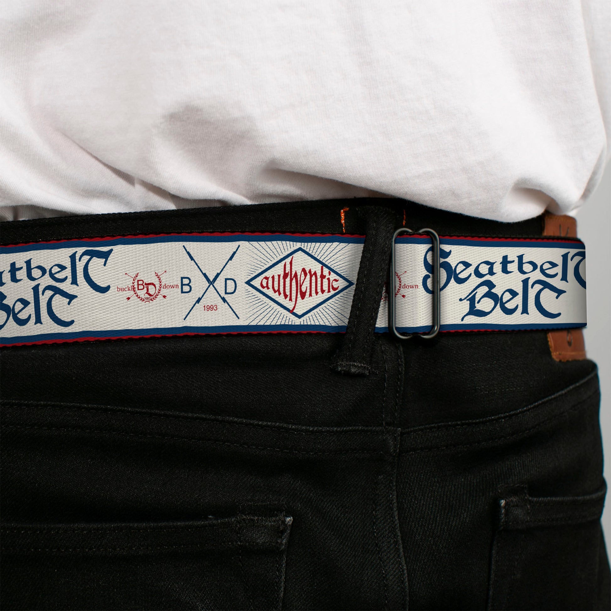 BD Wings Logo CLOSE-UP Full Color Black Silver Seatbelt Belt - BD AUTHENTIC SEATBELT BELT White/Blue/Red Webbing Seatbelt Belts Buckle-Down