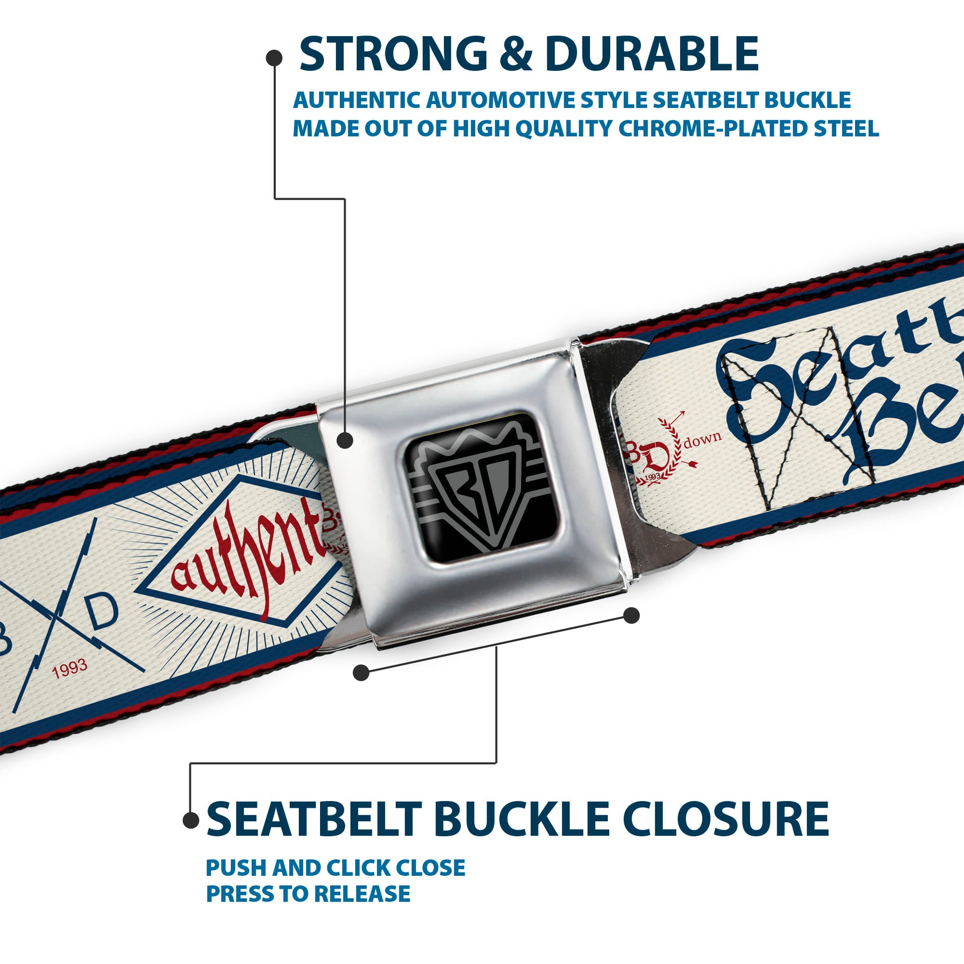 BD Wings Logo CLOSE-UP Full Color Black Silver Seatbelt Belt - BD AUTHENTIC SEATBELT BELT White/Blue/Red Webbing Seatbelt Belts Buckle-Down