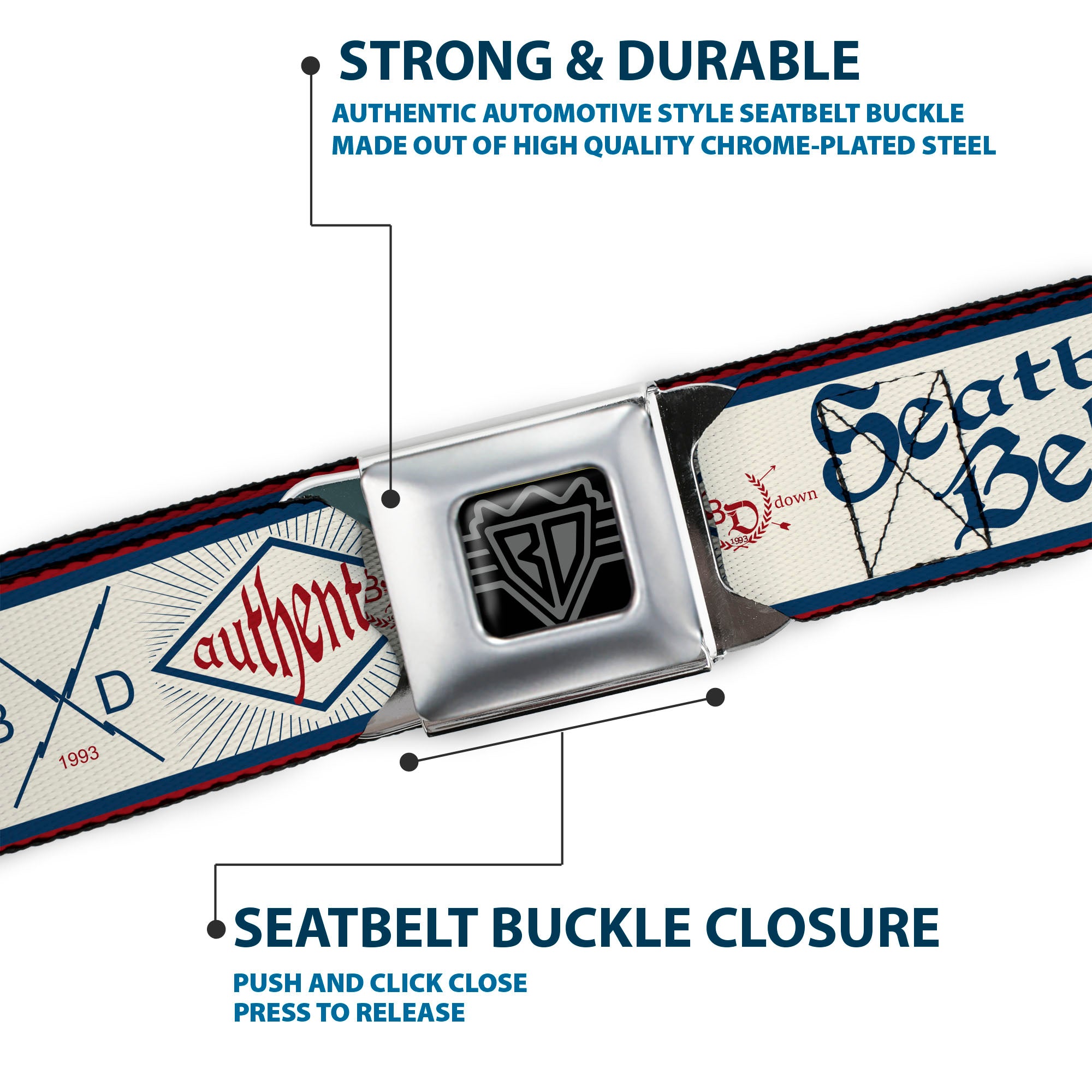 BD Wings Logo CLOSE-UP Full Color Black Silver Seatbelt Belt - BD AUTHENTIC SEATBELT BELT White/Blue/Red Webbing Seatbelt Belts Buckle-Down