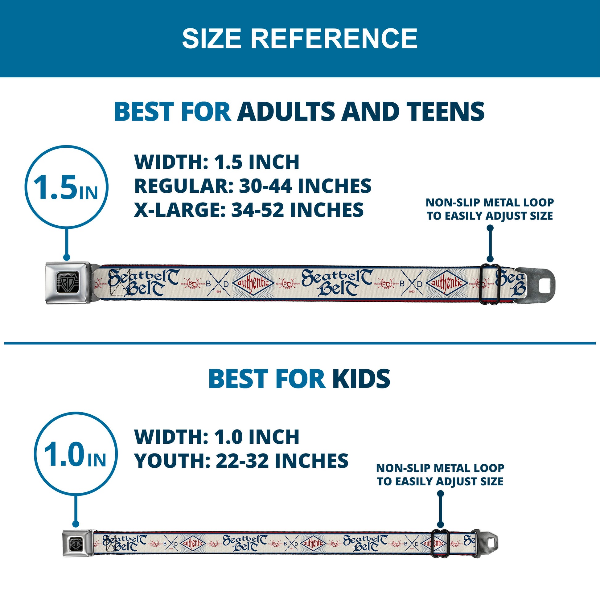 BD Wings Logo CLOSE-UP Full Color Black Silver Seatbelt Belt - BD AUTHENTIC SEATBELT BELT White/Blue/Red Webbing Seatbelt Belts Buckle-Down