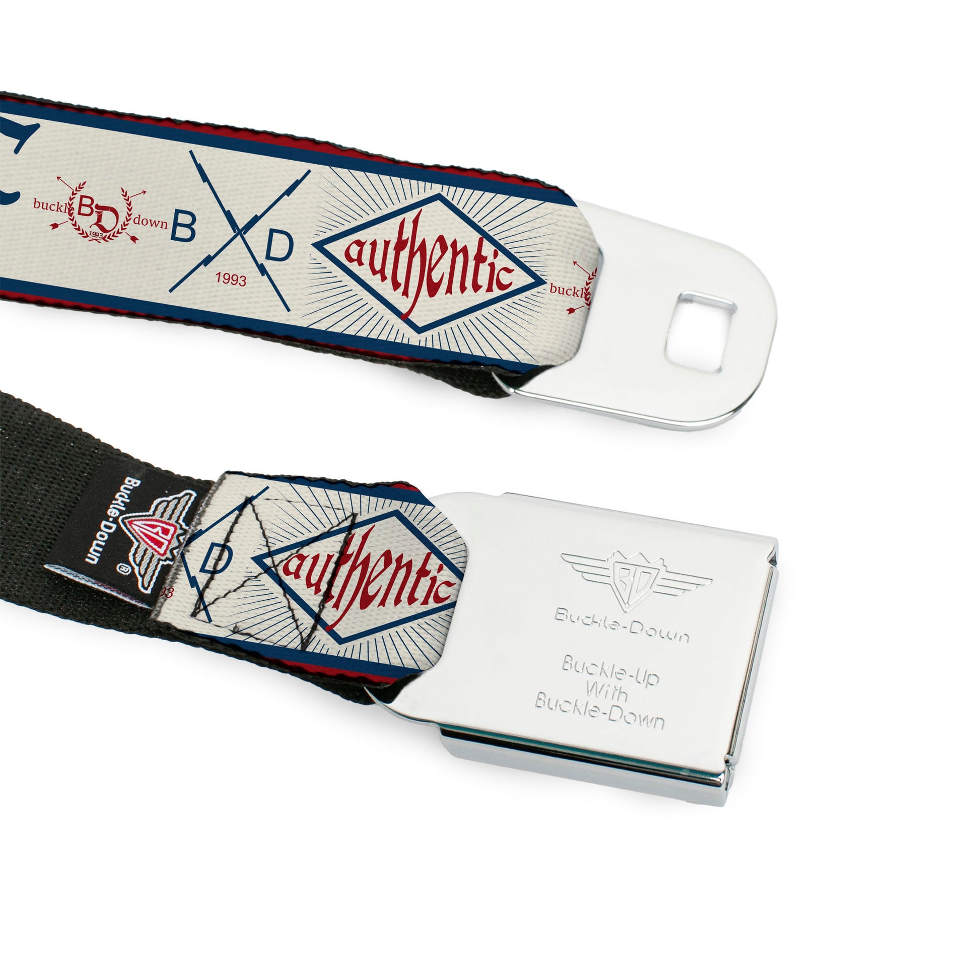 BD Wings Logo CLOSE-UP Full Color Black Silver Seatbelt Belt - BD AUTHENTIC SEATBELT BELT White/Blue/Red Webbing Seatbelt Belts Buckle-Down