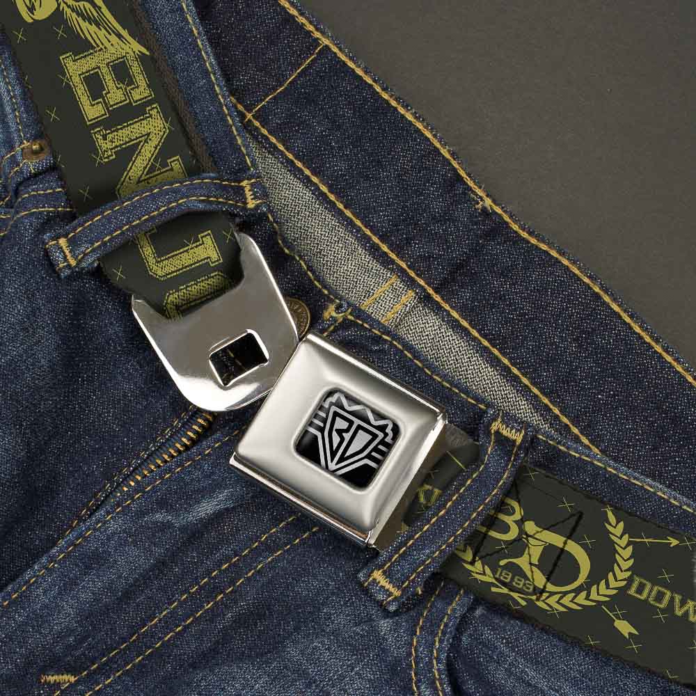 BD Wings Logo CLOSE-UP Full Color Black Silver Seatbelt Belt - BD Winged Skull ENJOY THE RIDE Olive/Lime Green Webbing Seatbelt Belts Buckle-Down