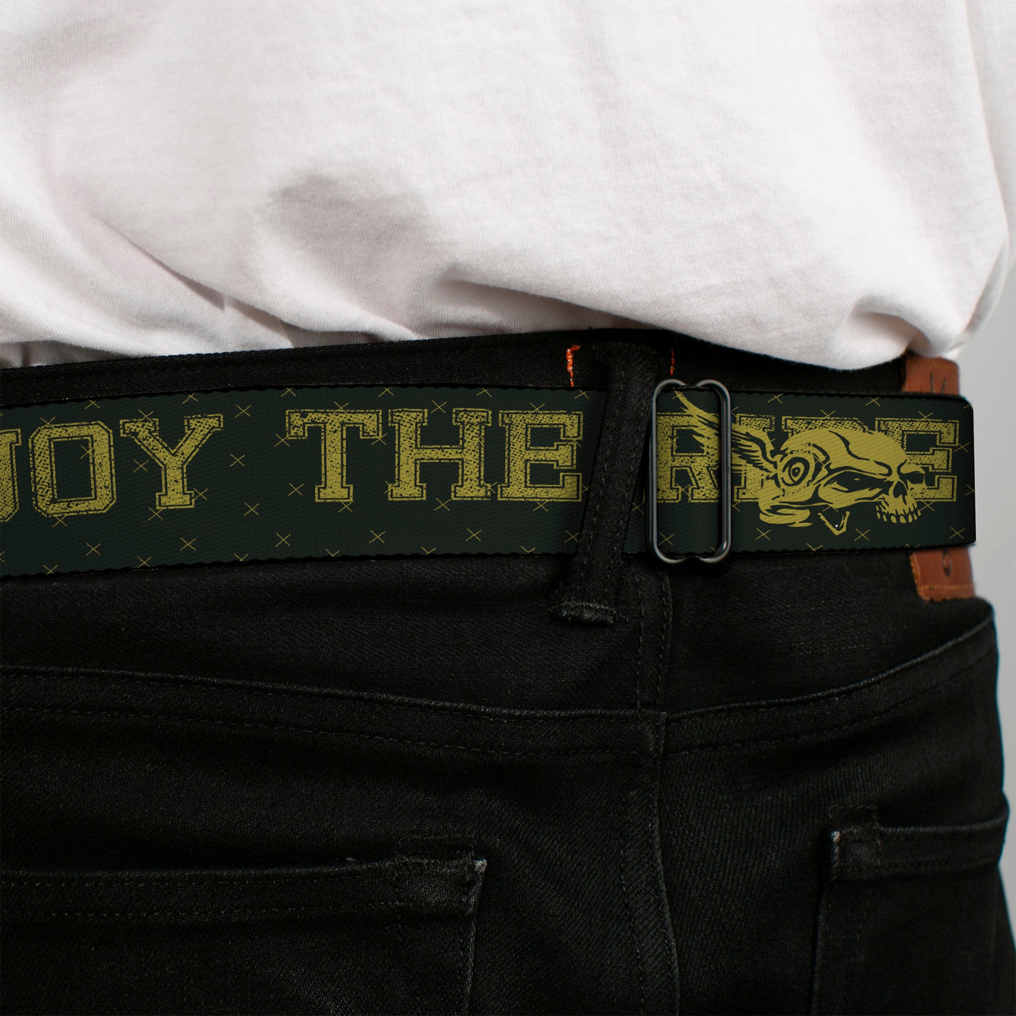 BD Wings Logo CLOSE-UP Full Color Black Silver Seatbelt Belt - BD Winged Skull ENJOY THE RIDE Olive/Lime Green Webbing Seatbelt Belts Buckle-Down