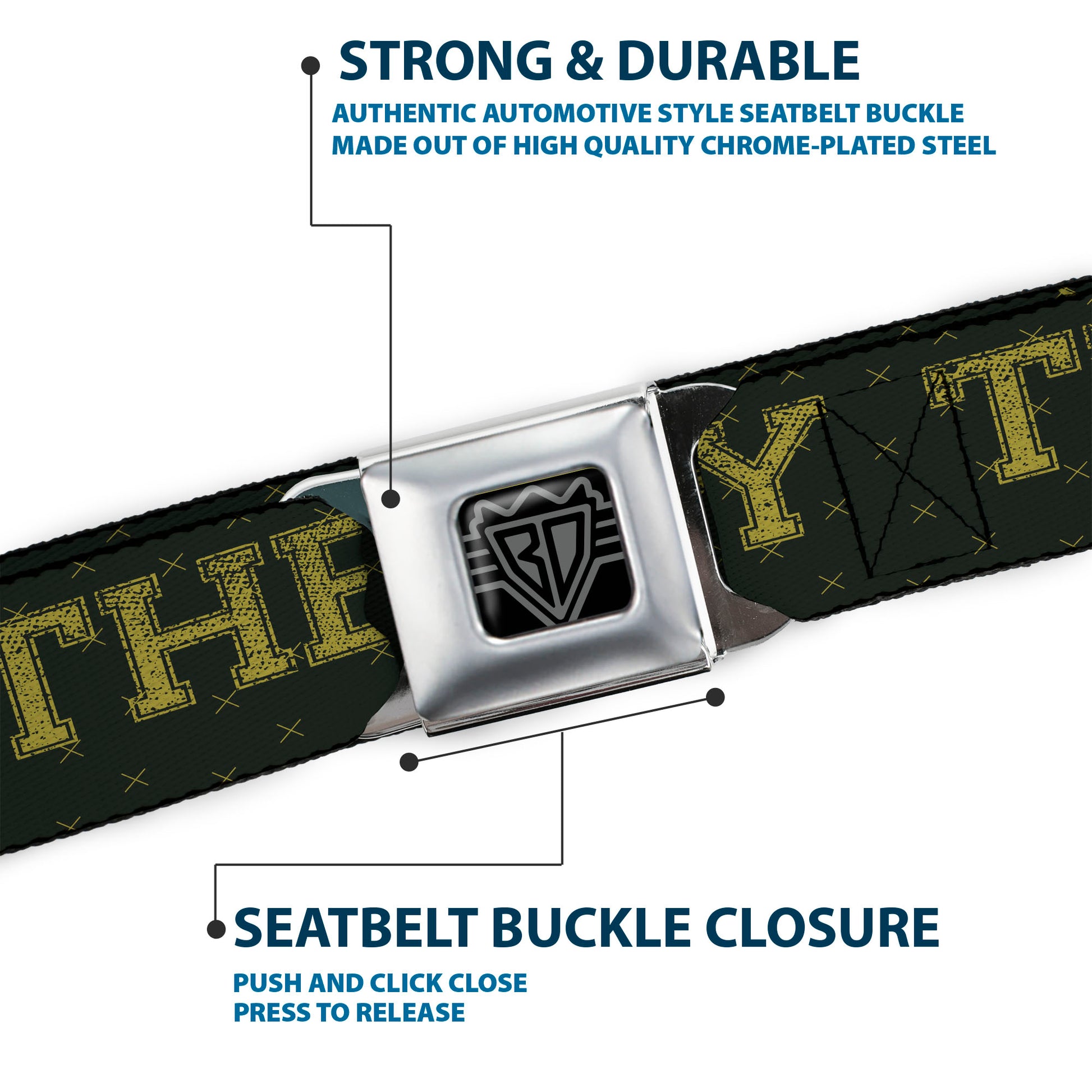 BD Wings Logo CLOSE-UP Full Color Black Silver Seatbelt Belt - BD Winged Skull ENJOY THE RIDE Olive/Lime Green Webbing Seatbelt Belts Buckle-Down
