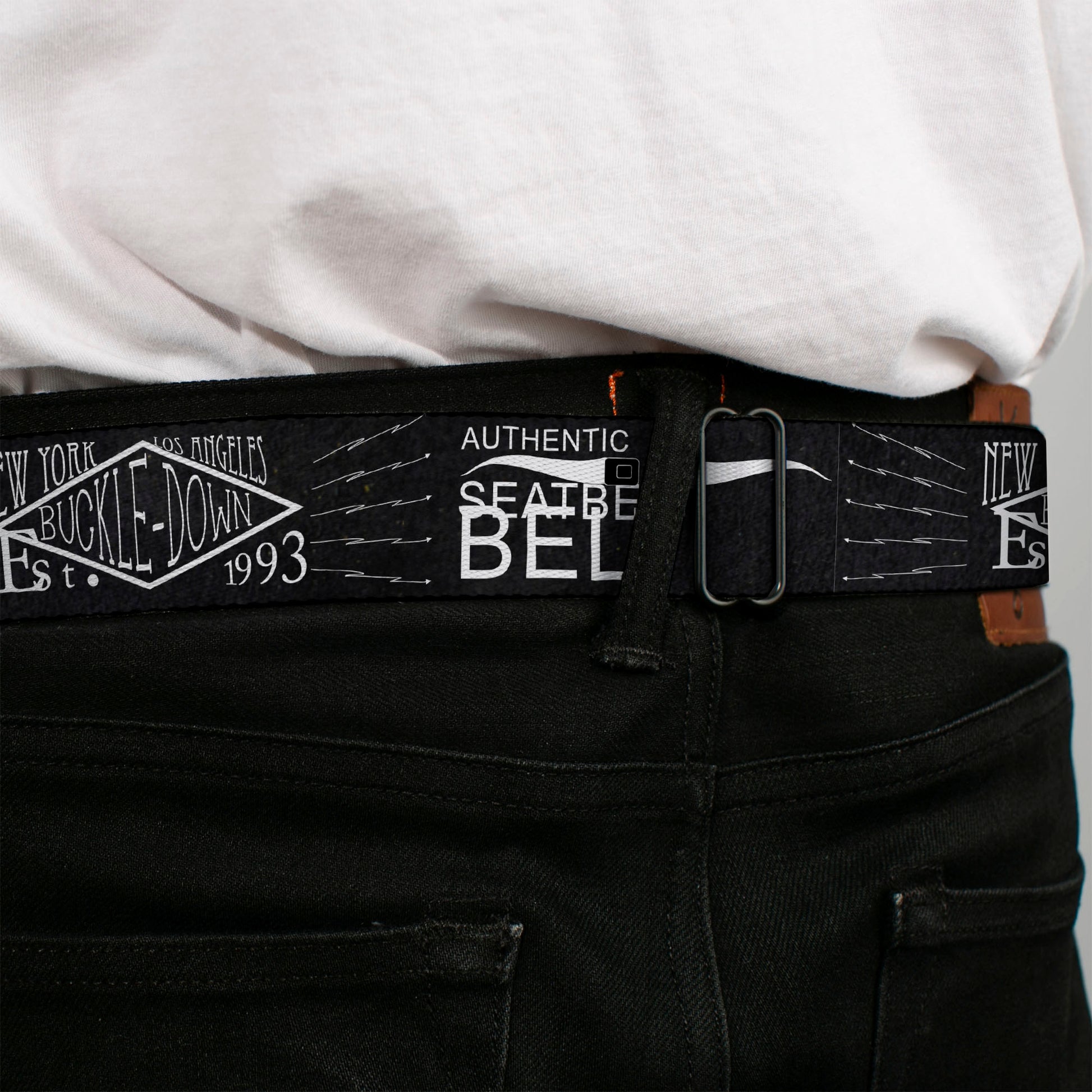BD Wings Logo CLOSE-UP Full Color Black Silver Seatbelt Belt - BD AUTHENTIC SEATBELT BELT NY-LA Black/White Webbing Seatbelt Belts Buckle-Down