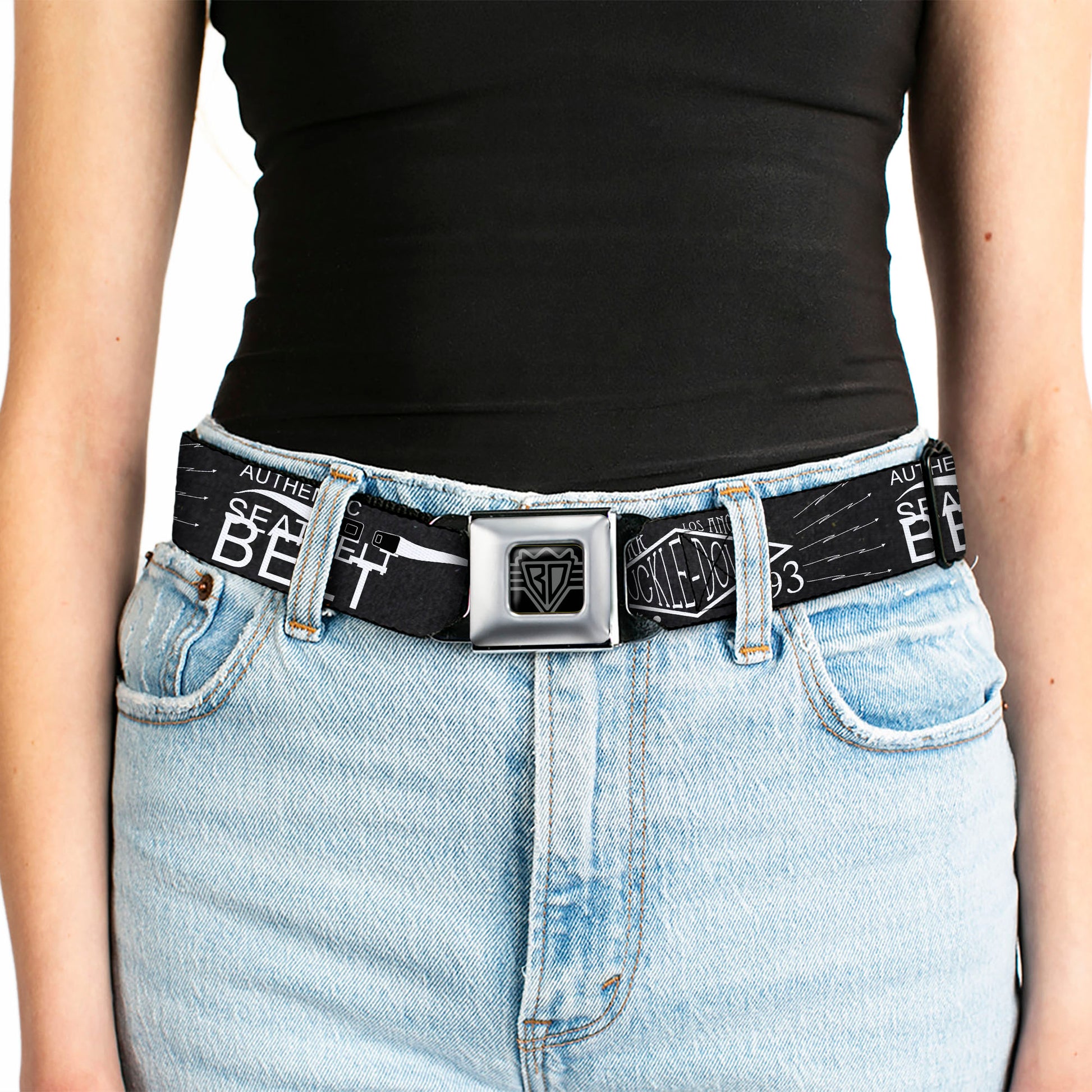 BD Wings Logo CLOSE-UP Full Color Black Silver Seatbelt Belt - BD AUTHENTIC SEATBELT BELT NY-LA Black/White Webbing Seatbelt Belts Buckle-Down
