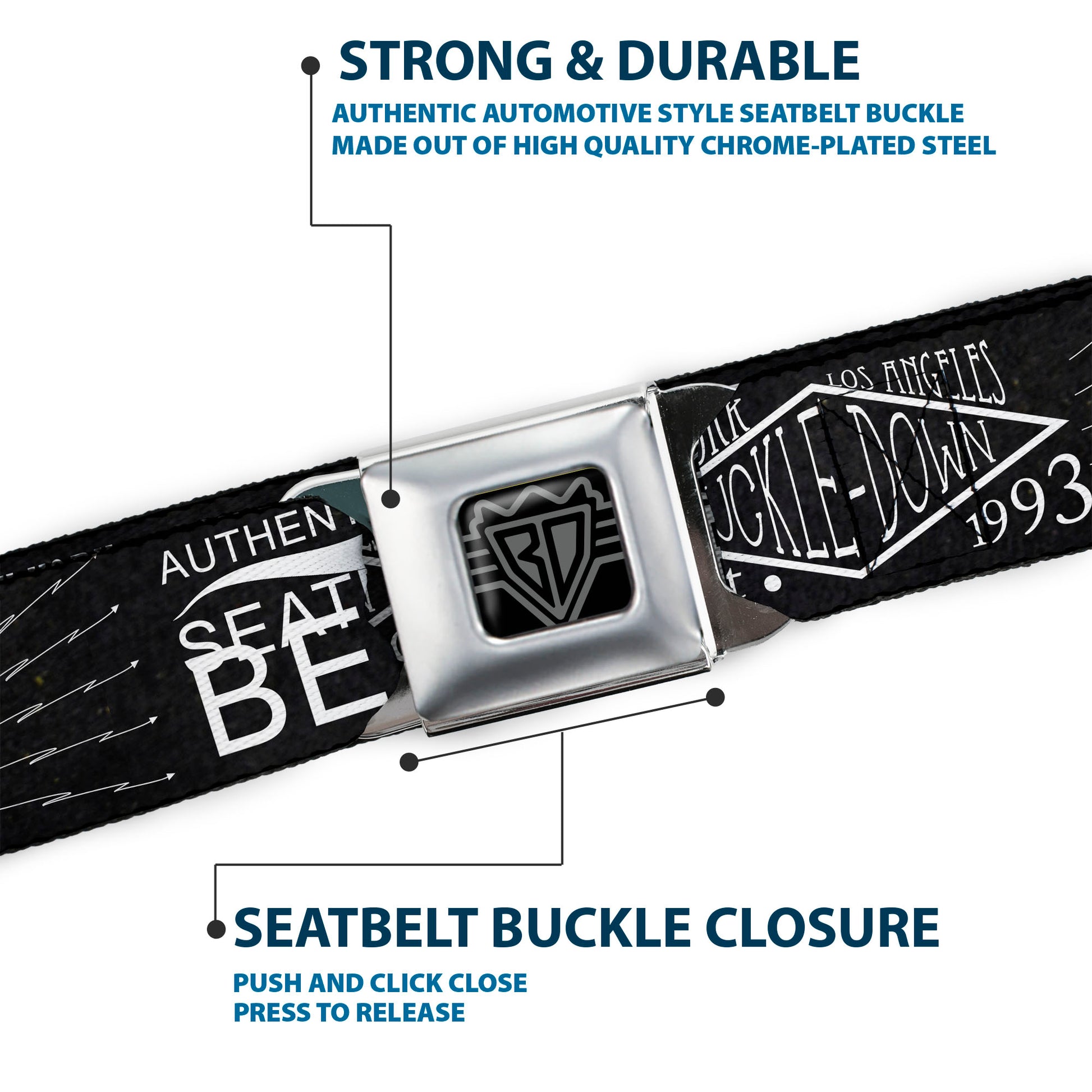 BD Wings Logo CLOSE-UP Full Color Black Silver Seatbelt Belt - BD AUTHENTIC SEATBELT BELT NY-LA Black/White Webbing Seatbelt Belts Buckle-Down