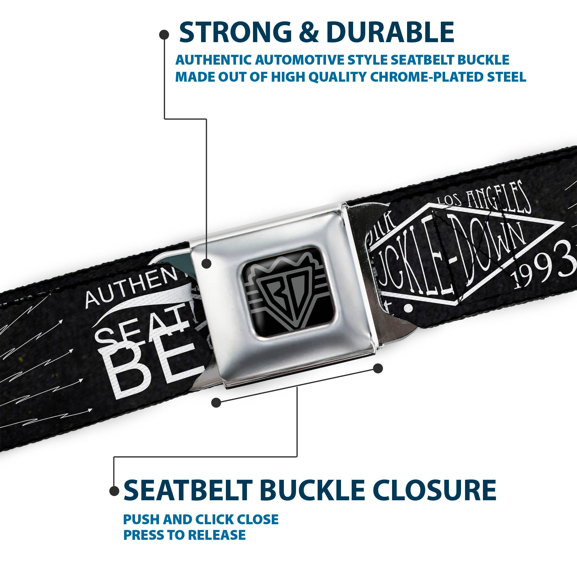 BD Wings Logo CLOSE-UP Full Color Black Silver Seatbelt Belt - BD AUTHENTIC SEATBELT BELT NY-LA Black/White Webbing Seatbelt Belts Buckle-Down