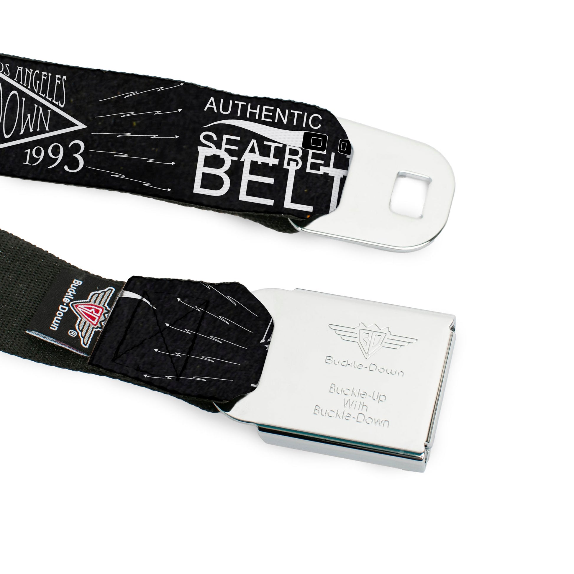 BD Wings Logo CLOSE-UP Full Color Black Silver Seatbelt Belt - BD AUTHENTIC SEATBELT BELT NY-LA Black/White Webbing Seatbelt Belts Buckle-Down