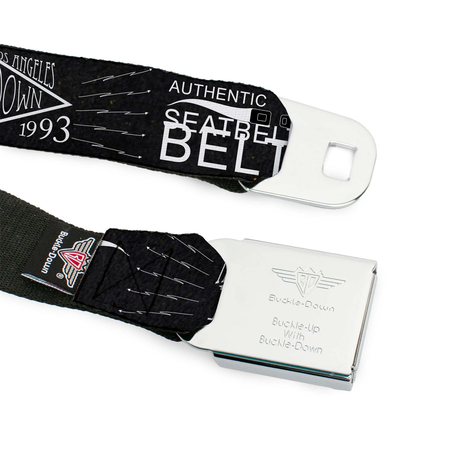 BD Wings Logo CLOSE-UP Full Color Black Silver Seatbelt Belt - BD AUTHENTIC SEATBELT BELT NY-LA Black/White Webbing Seatbelt Belts Buckle-Down