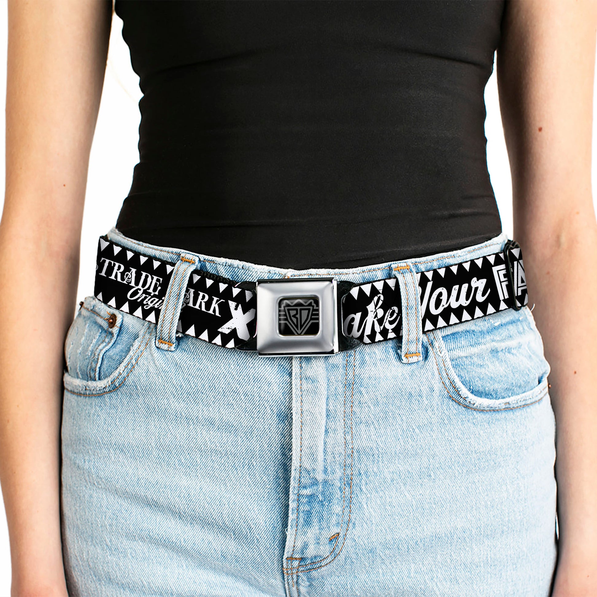 BD Wings Logo CLOSE-UP Full Color Black Silver Seatbelt Belt - BD Skull MAKE YOUR FATE Black/White Webbing Seatbelt Belts Buckle-Down