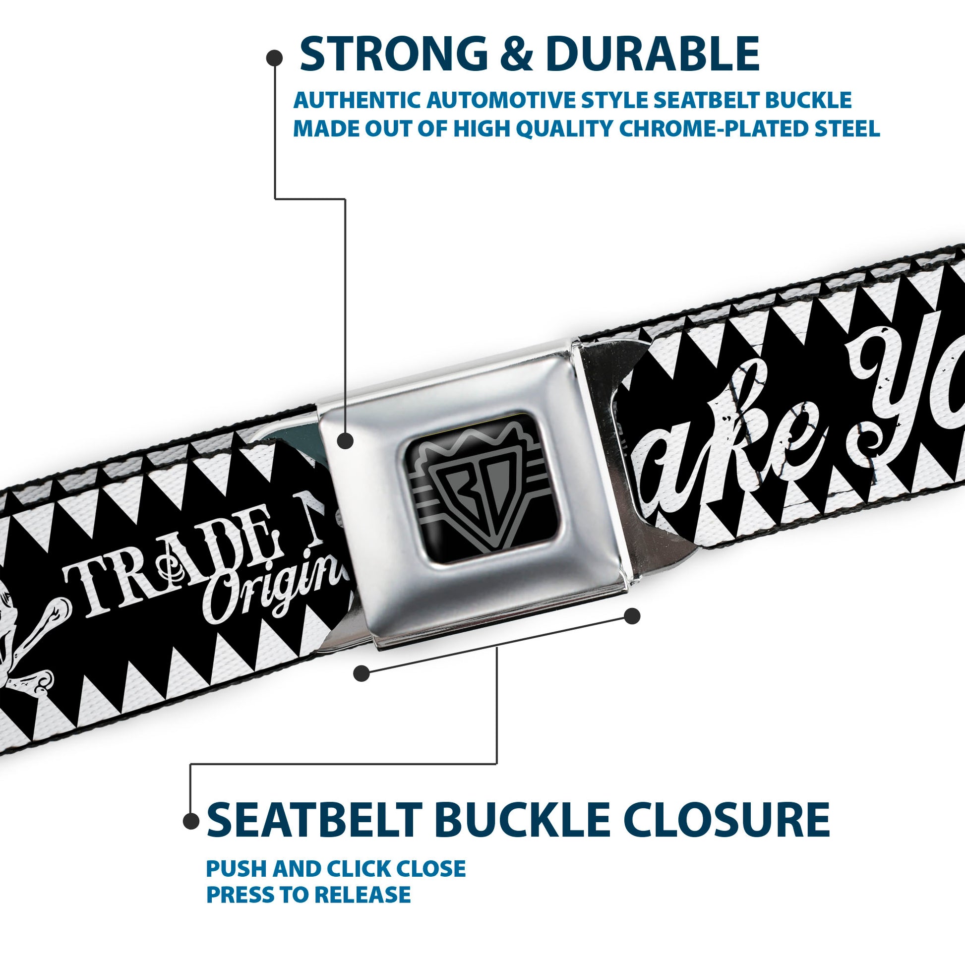 BD Wings Logo CLOSE-UP Full Color Black Silver Seatbelt Belt - BD Skull MAKE YOUR FATE Black/White Webbing Seatbelt Belts Buckle-Down