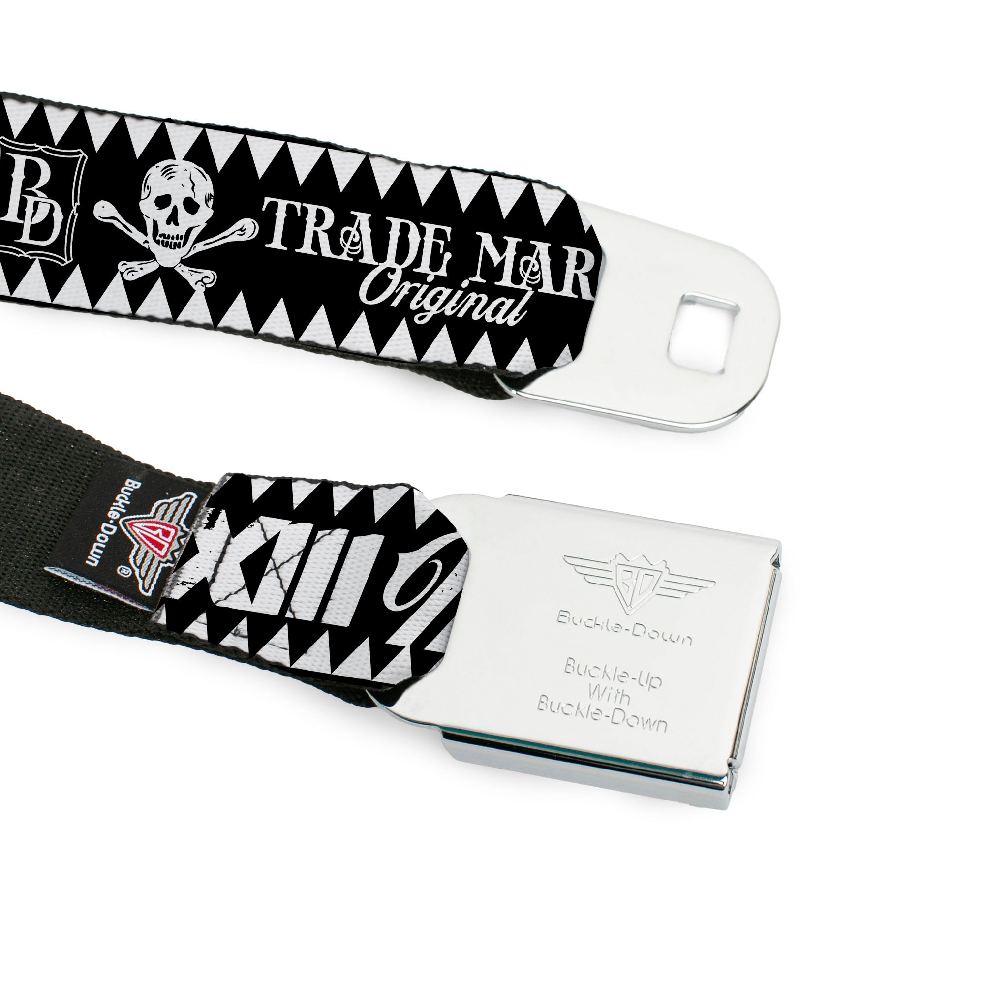 BD Wings Logo CLOSE-UP Full Color Black Silver Seatbelt Belt - BD Skull MAKE YOUR FATE Black/White Webbing Seatbelt Belts Buckle-Down
