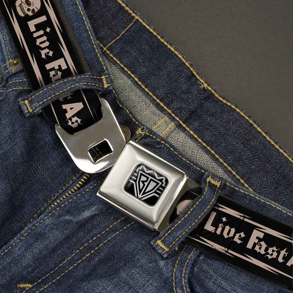 BD Wings Logo CLOSE-UP Full Color Black Silver Seatbelt Belt - BD Skull LIVE FAST AS LIGHTNING Black/Light Orange Webbing Seatbelt Belts Buckle-Down