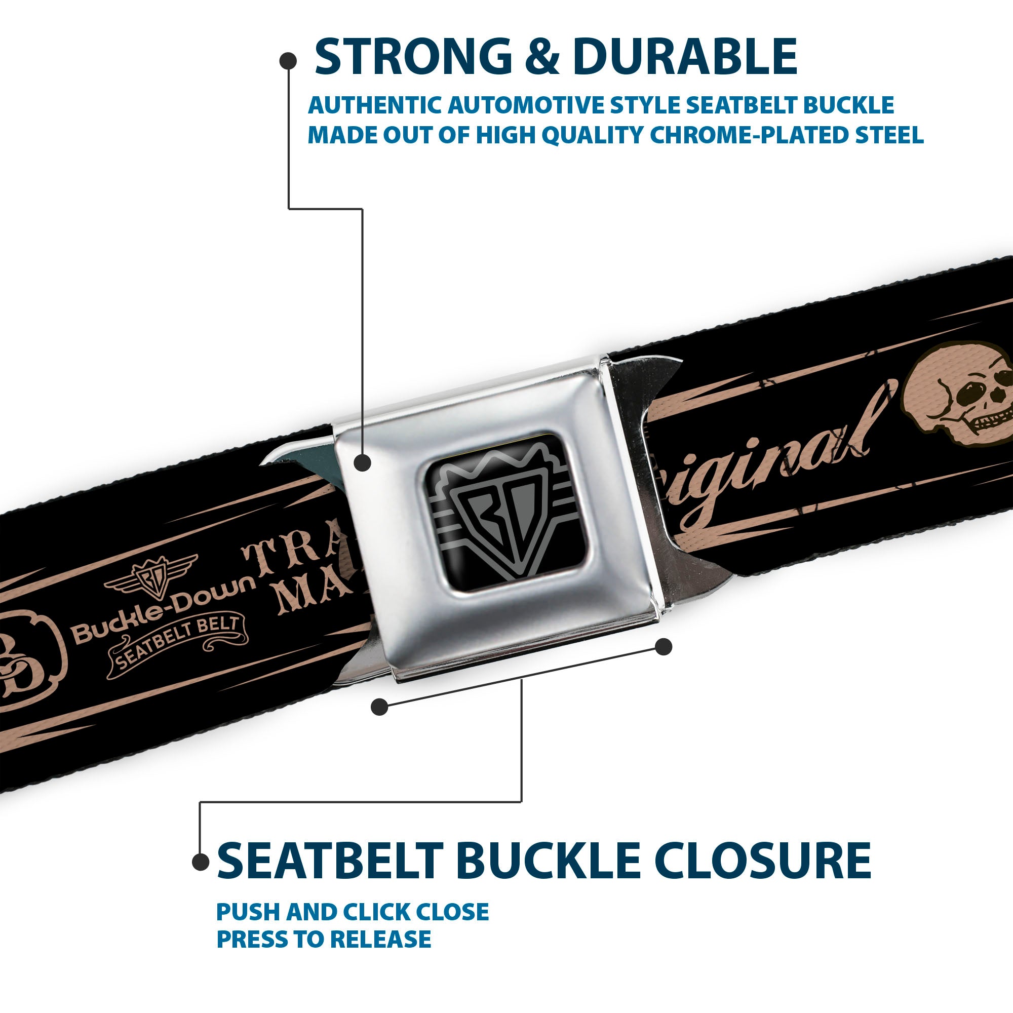 BD Wings Logo CLOSE-UP Full Color Black Silver Seatbelt Belt - BD Skull LIVE FAST AS LIGHTNING Black/Light Orange Webbing Seatbelt Belts Buckle-Down