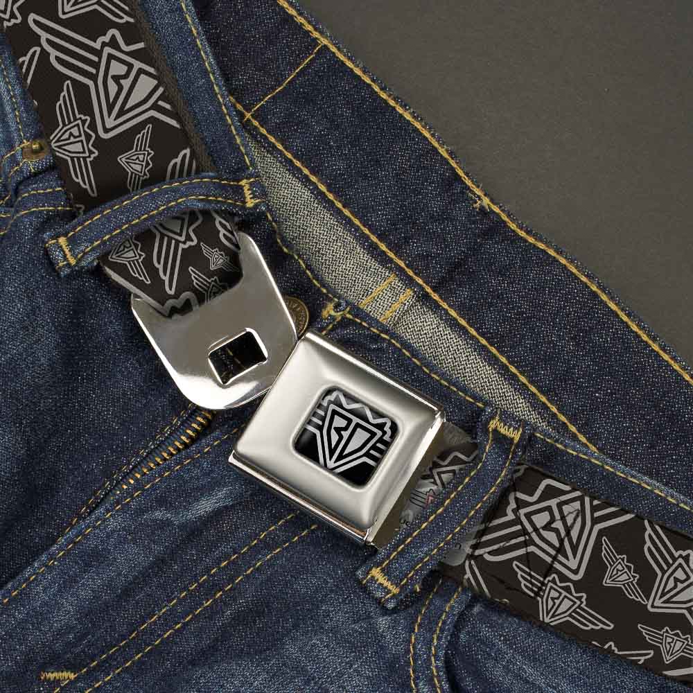 BD Wings Logo CLOSE-UP Full Color Black Silver Seatbelt Belt - BD Logo Scattered Black/Gray Webbing Seatbelt Belts Buckle-Down