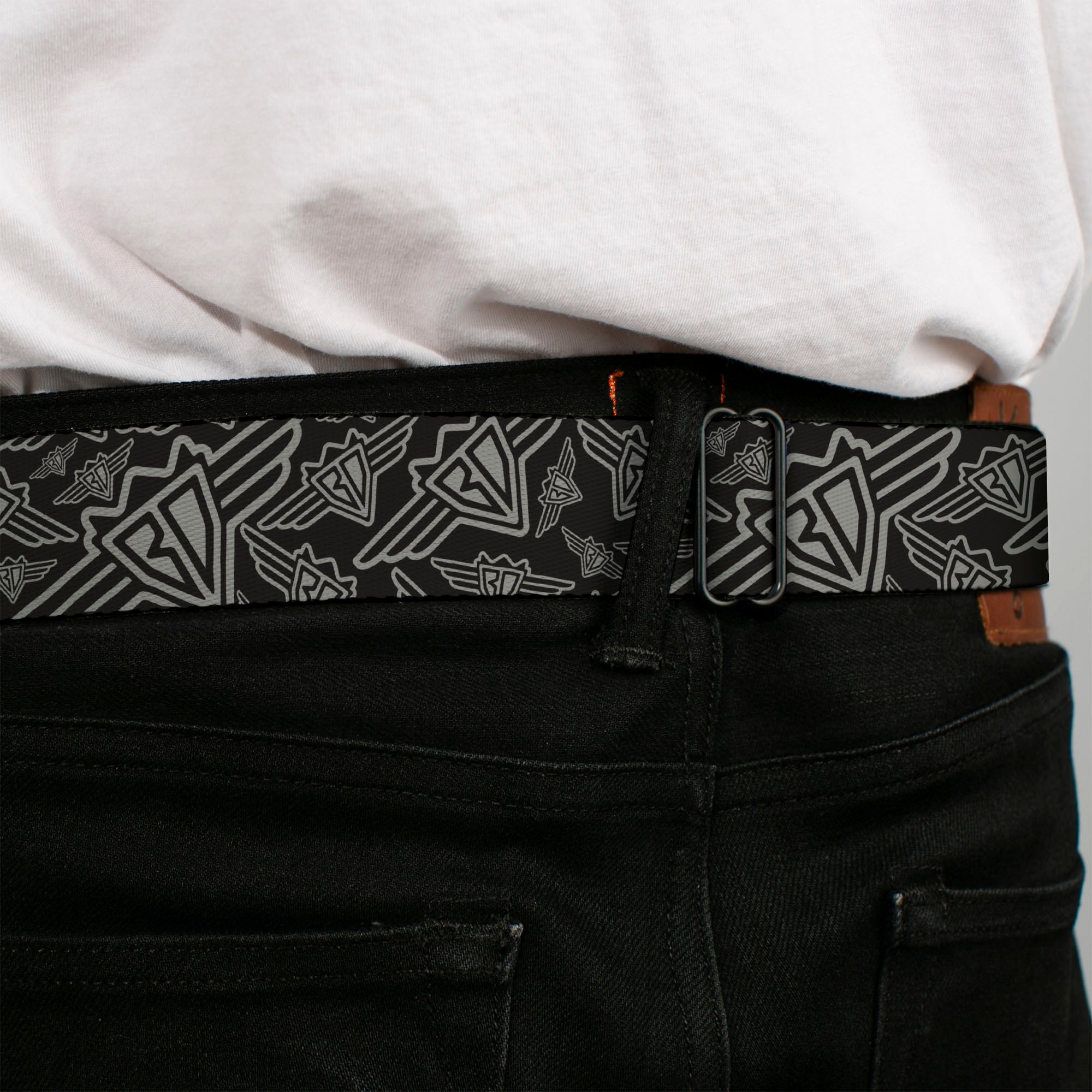 BD Wings Logo CLOSE-UP Full Color Black Silver Seatbelt Belt - BD Logo Scattered Black/Gray Webbing Seatbelt Belts Buckle-Down