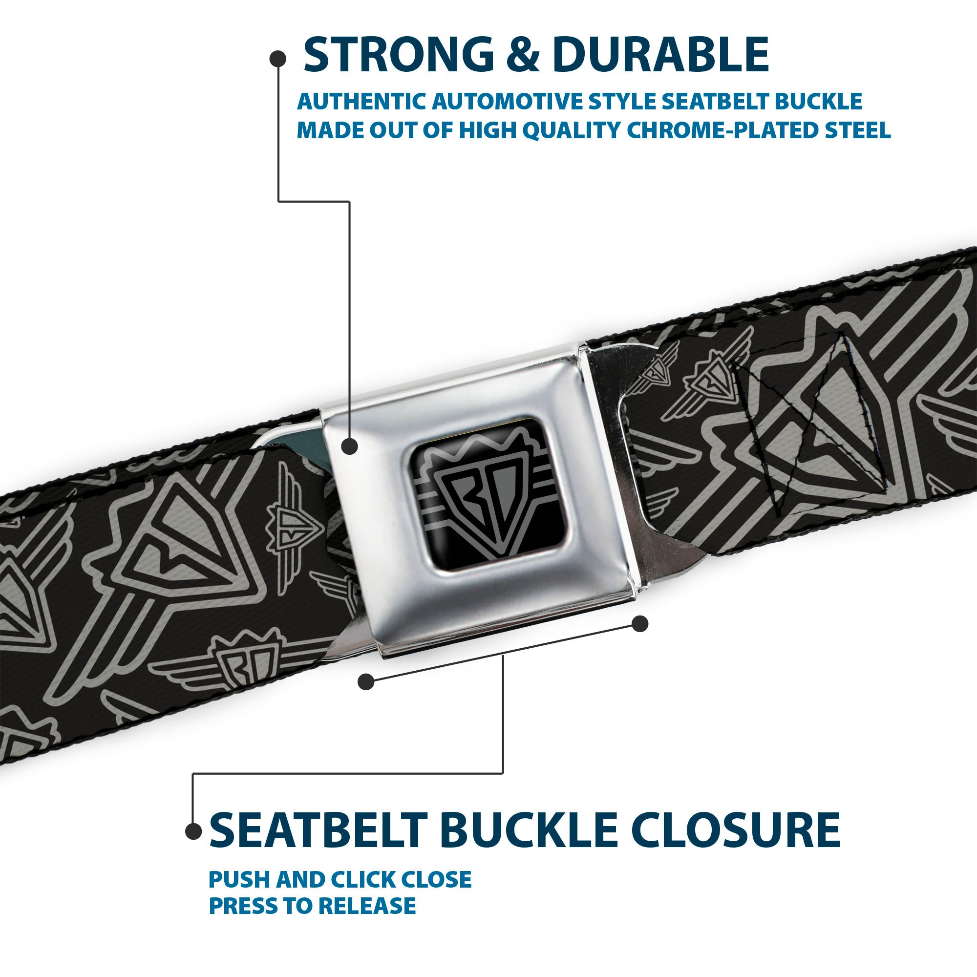 BD Wings Logo CLOSE-UP Full Color Black Silver Seatbelt Belt - BD Logo Scattered Black/Gray Webbing Seatbelt Belts Buckle-Down