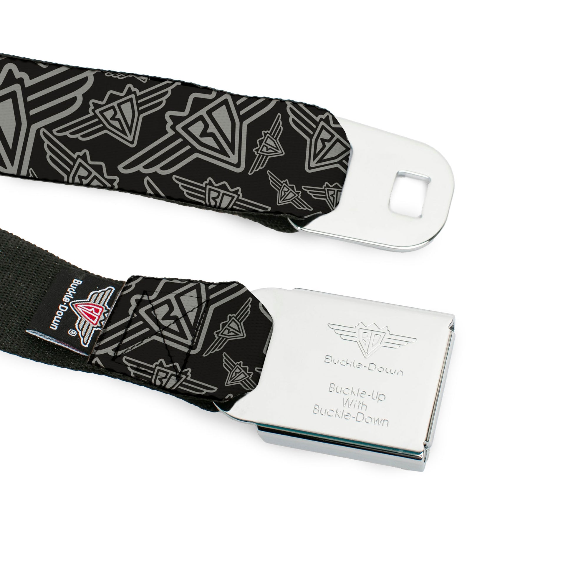 BD Wings Logo CLOSE-UP Full Color Black Silver Seatbelt Belt - BD Logo Scattered Black/Gray Webbing Seatbelt Belts Buckle-Down