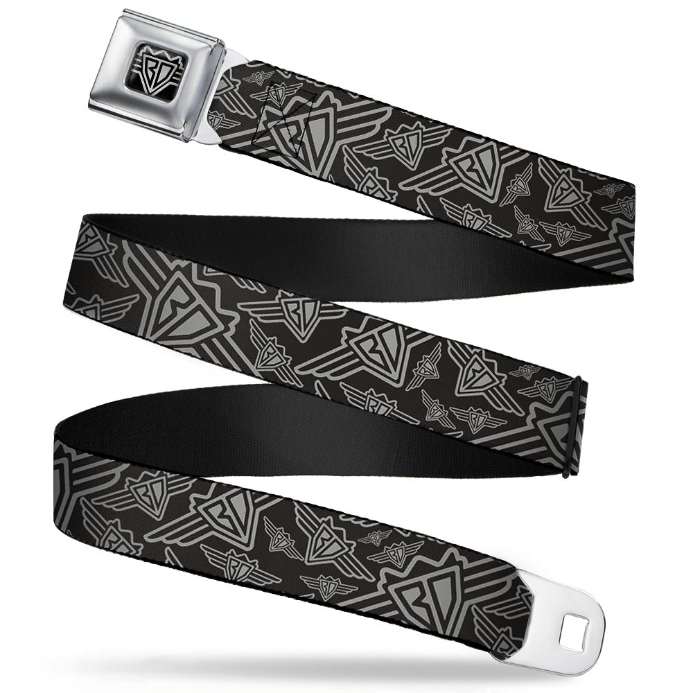 BD Wings Logo CLOSE-UP Full Color Black Silver Seatbelt Belt - BD Logo Scattered Black/Gray Webbing Seatbelt Belts Buckle-Down