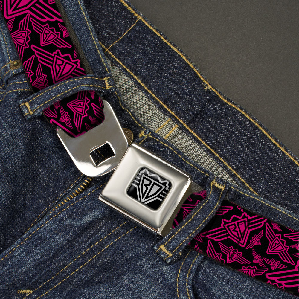 BD Wings Logo CLOSE-UP Full Color Black Silver Seatbelt Belt - BD Logo Scattered Black/Fuchsia Webbing Seatbelt Belts Buckle-Down