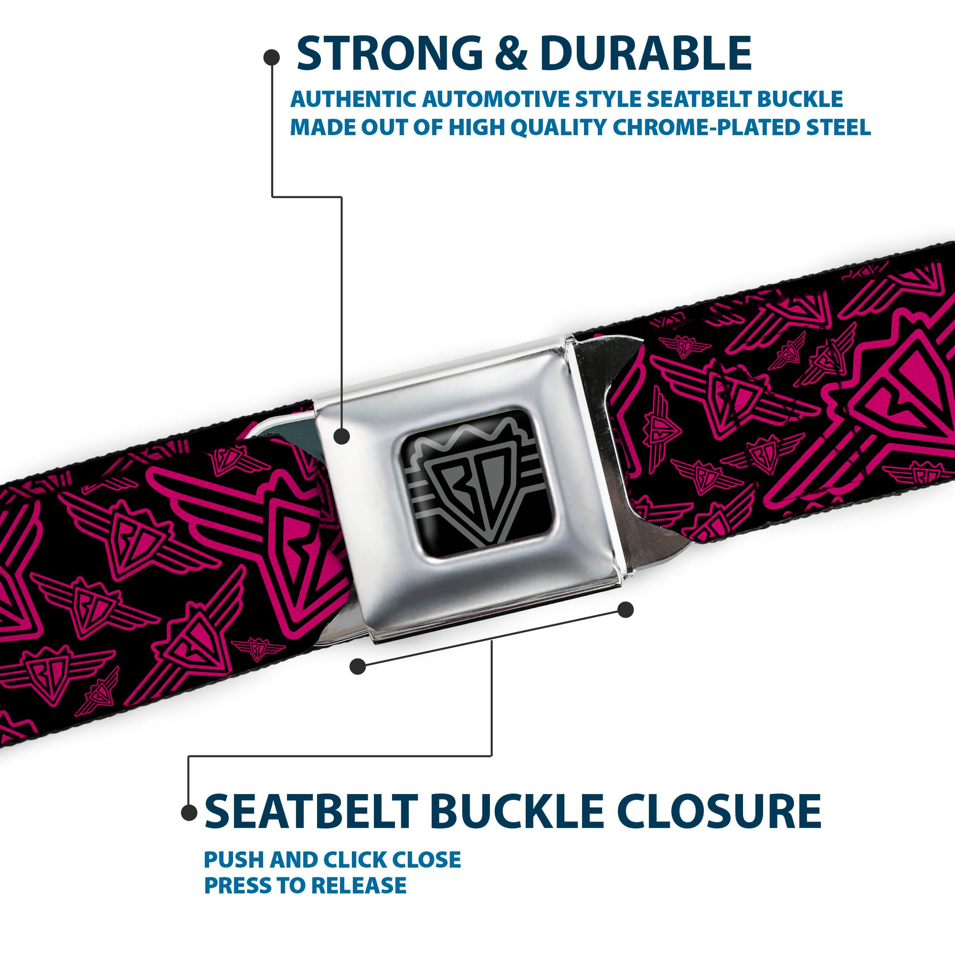 BD Wings Logo CLOSE-UP Full Color Black Silver Seatbelt Belt - BD Logo Scattered Black/Fuchsia Webbing Seatbelt Belts Buckle-Down