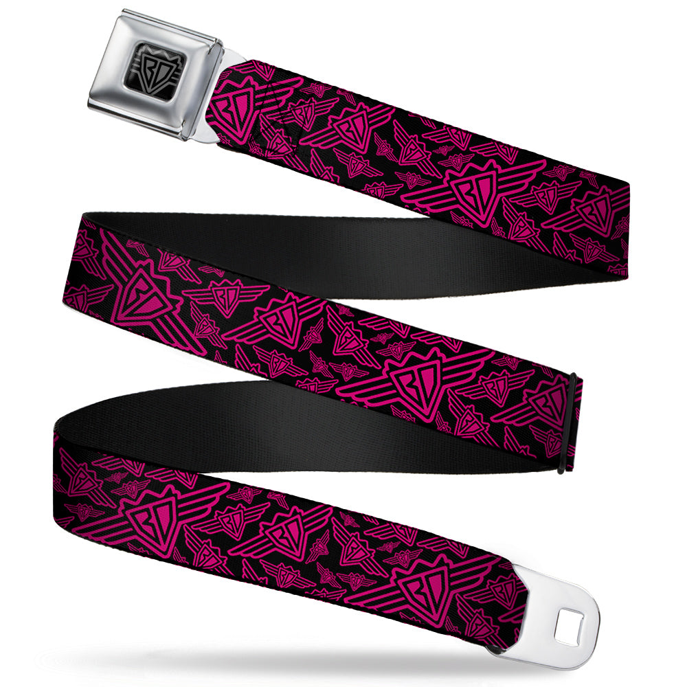 BD Wings Logo CLOSE-UP Full Color Black Silver Seatbelt Belt - BD Logo Scattered Black/Fuchsia Webbing Seatbelt Belts Buckle-Down