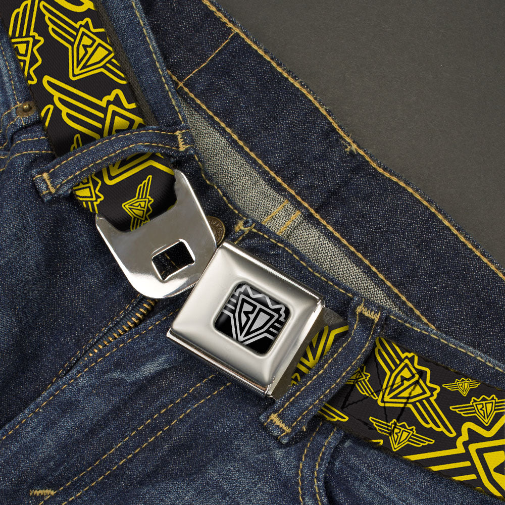 BD Wings Logo CLOSE-UP Full Color Black Silver Seatbelt Belt - BD Logo Scattered Black/Yellow Webbing Seatbelt Belts Buckle-Down