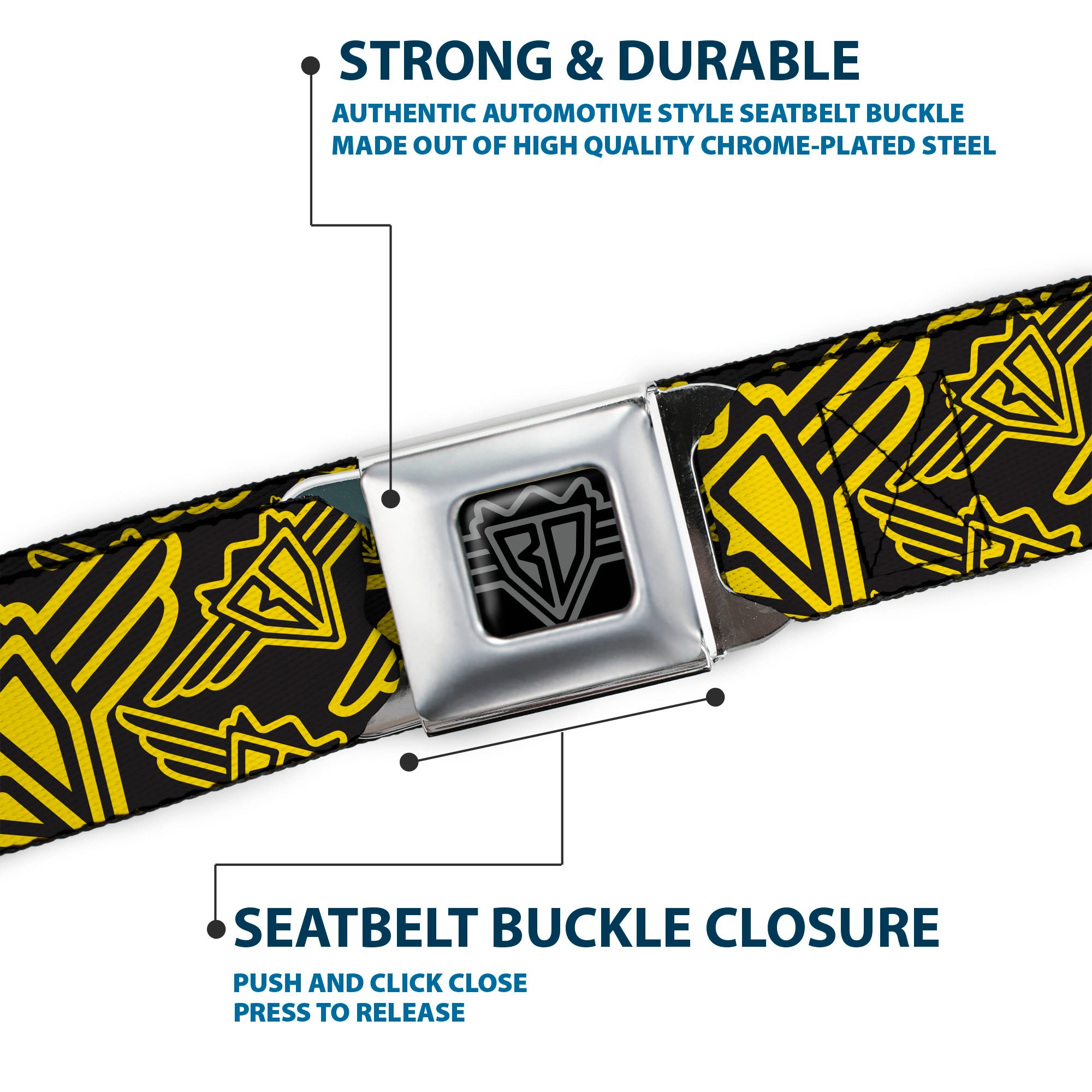 BD Wings Logo CLOSE-UP Full Color Black Silver Seatbelt Belt - BD Logo Scattered Black/Yellow Webbing Seatbelt Belts Buckle-Down