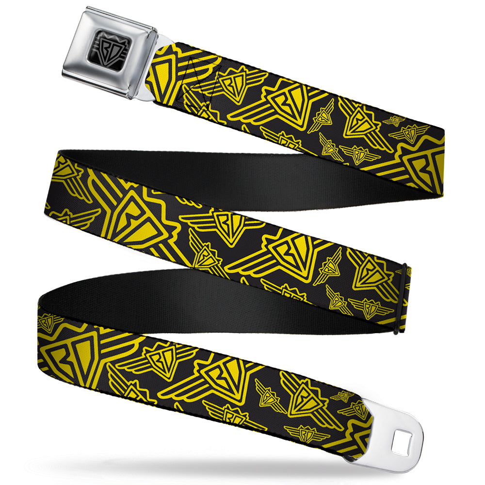 BD Wings Logo CLOSE-UP Full Color Black Silver Seatbelt Belt - BD Logo Scattered Black/Yellow Webbing Seatbelt Belts Buckle-Down
