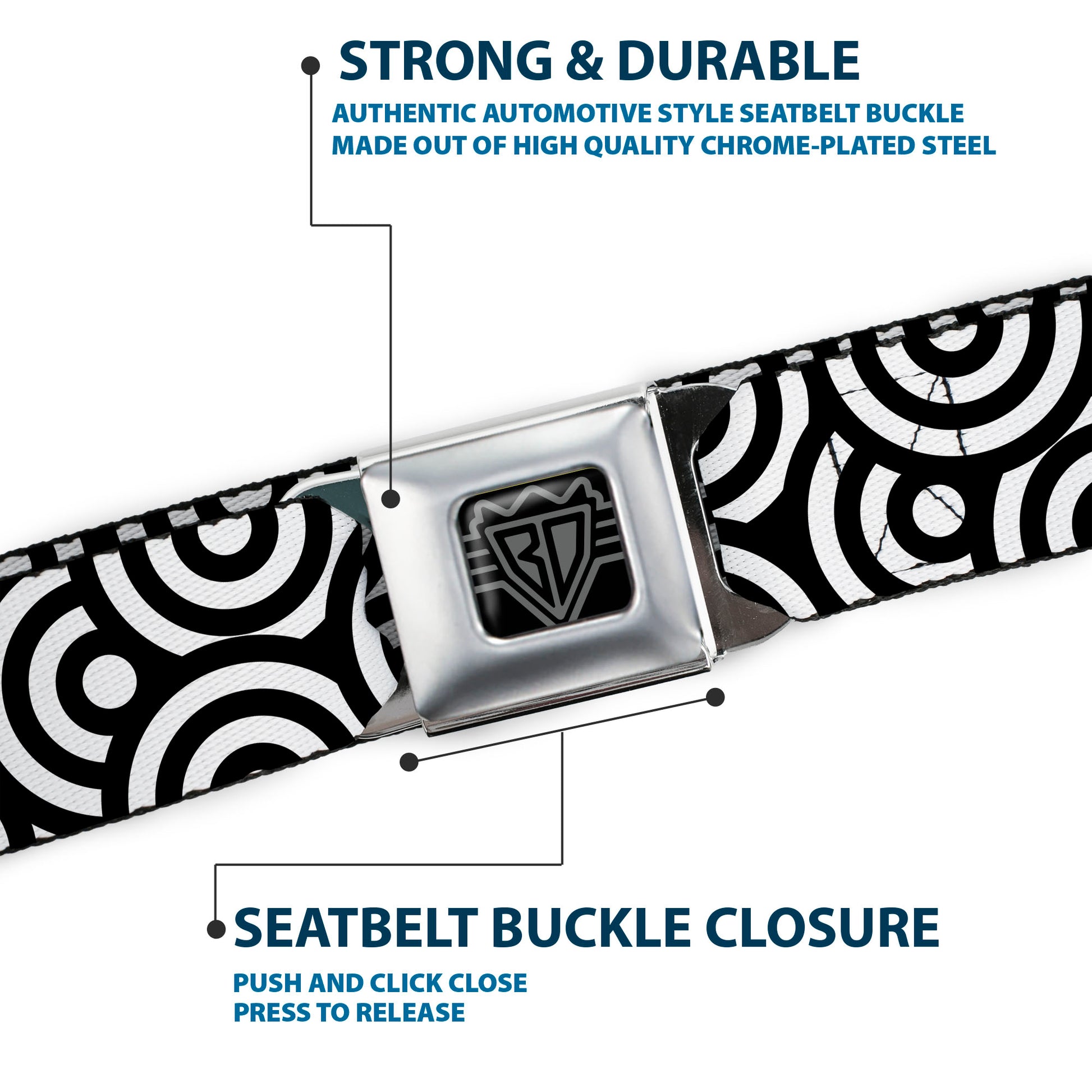 BD Wings Logo CLOSE-UP Full Color Black Silver Seatbelt Belt - Bullseye Stacked Black/White Webbing Seatbelt Belts Buckle-Down